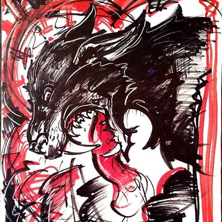 Drawing of a person with long hair and a dragon head behind them, using black and red ink, with expressive lines.