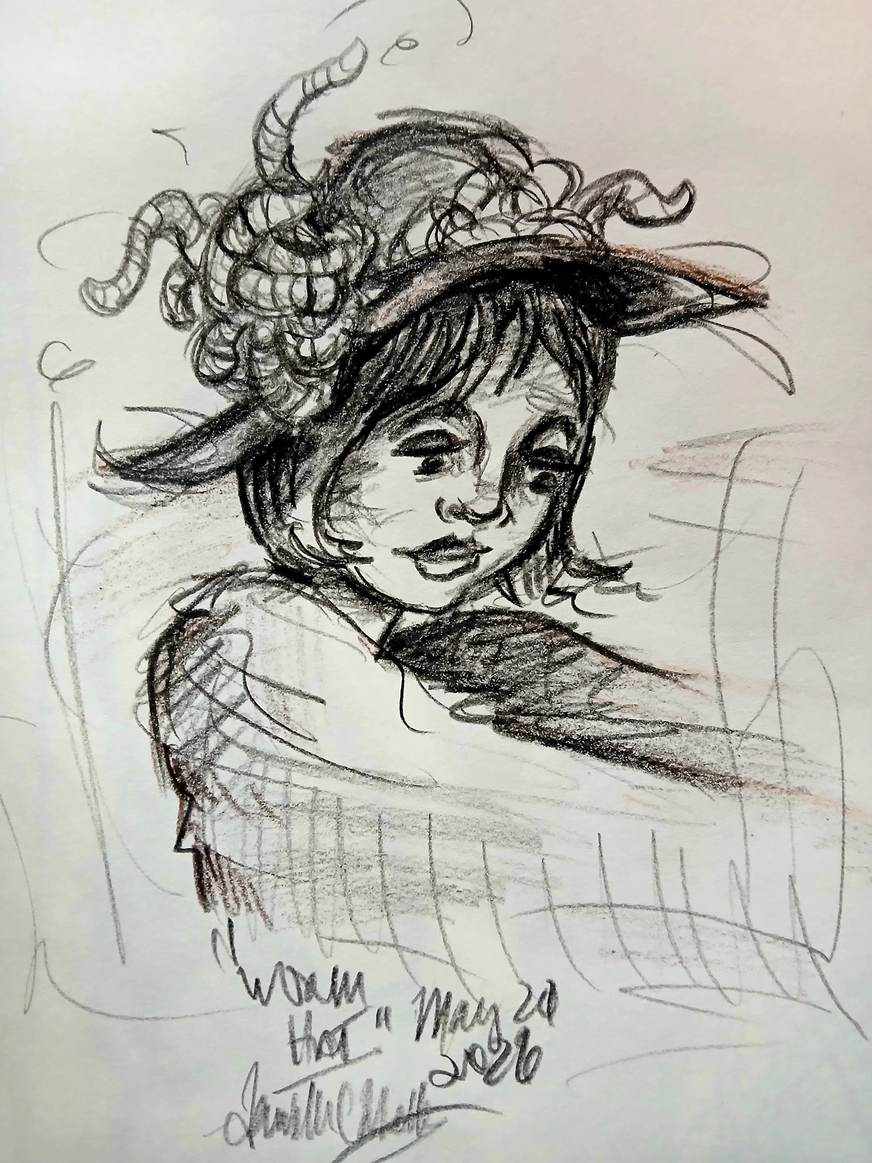 Sketch of a person with a hat and curly hair, resting their head on crossed arms, smiling gently.