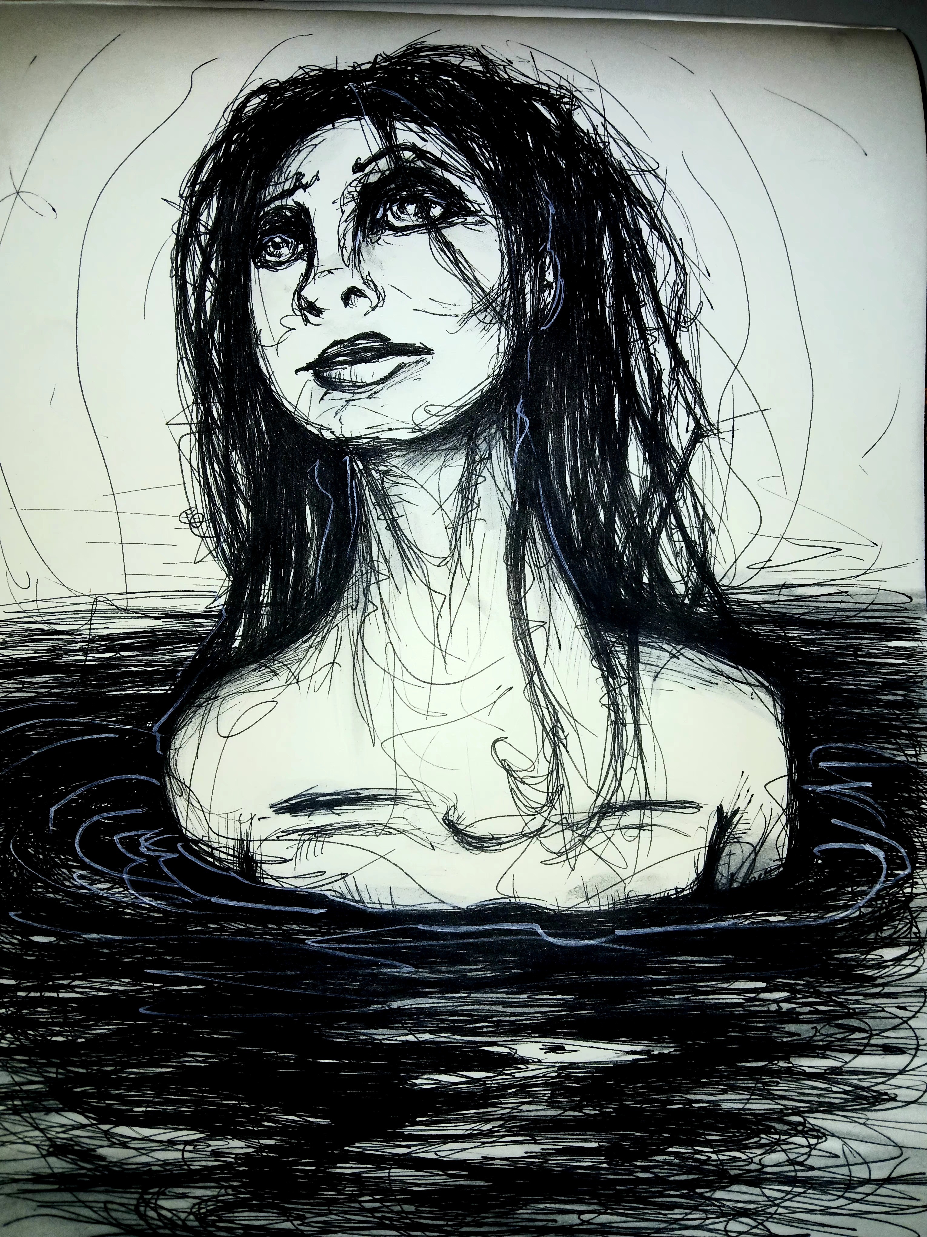 Sketch of a woman with long hair, partially submerged in water, looking upward with a contemplative expression.