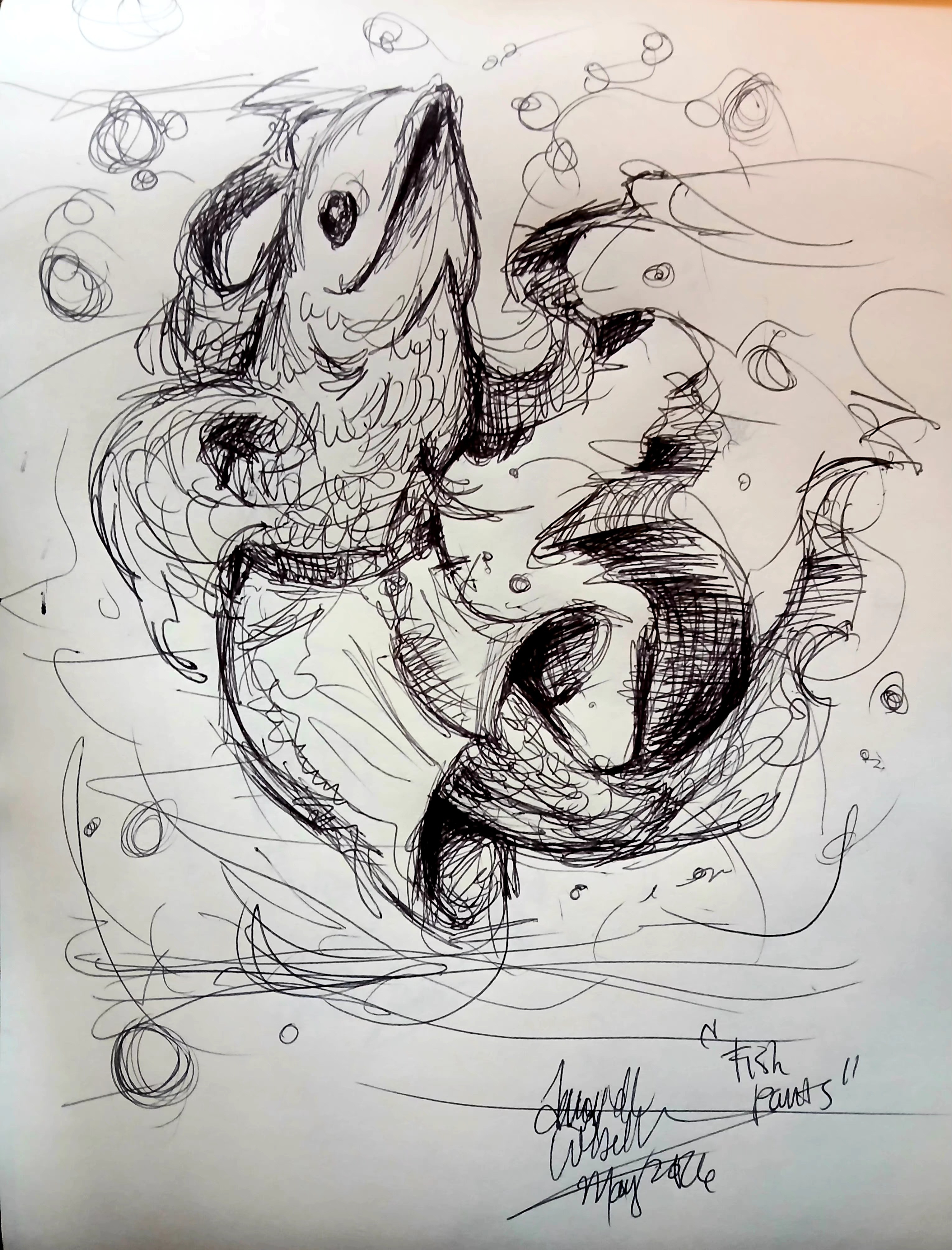 Sketch of a fish with detailed fins and scales, surrounded by bubbles and swirling lines, on paper.
