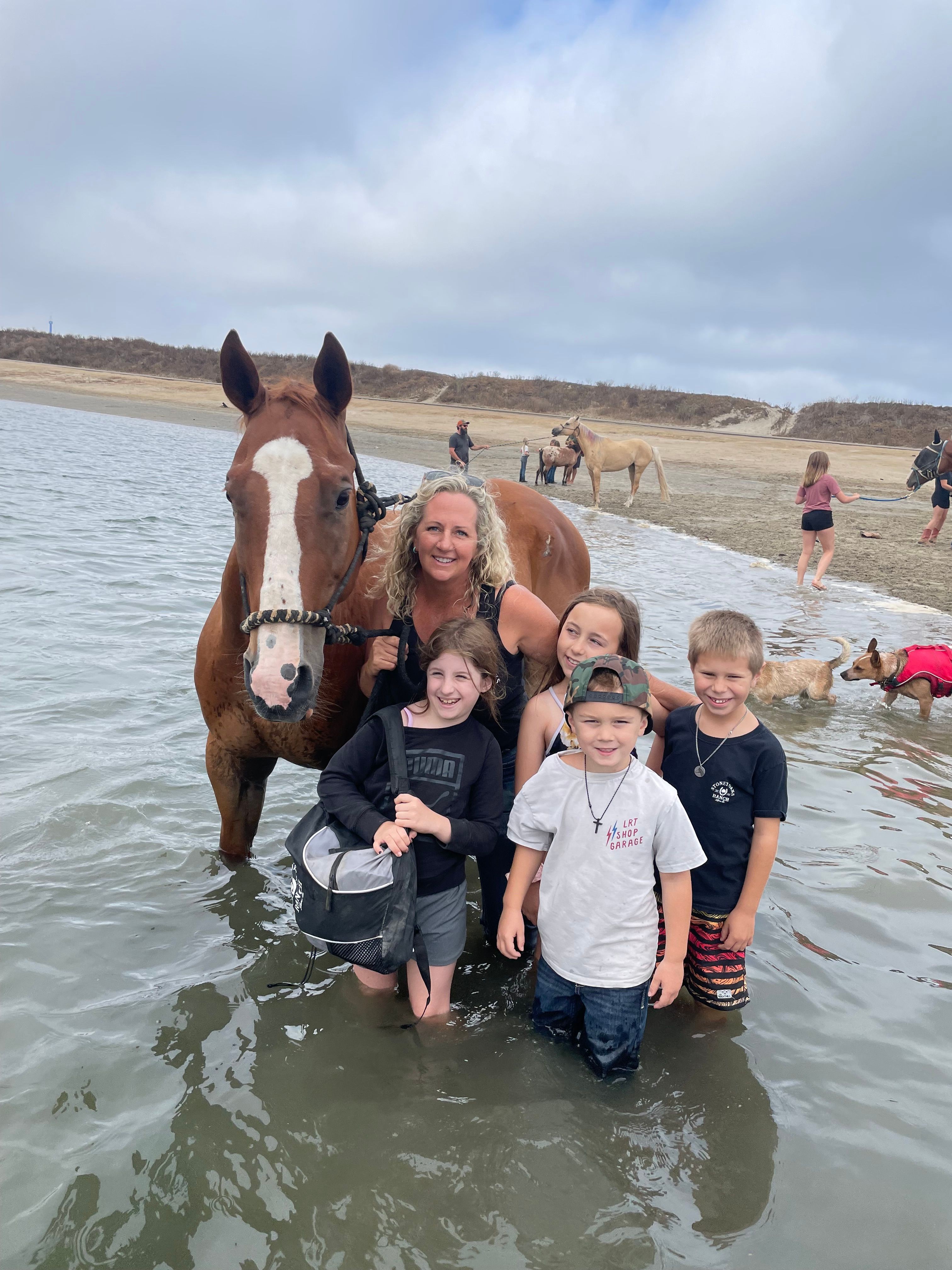 Group of five people and a horse in shallow water at the beach, with other beachgoers in the background.