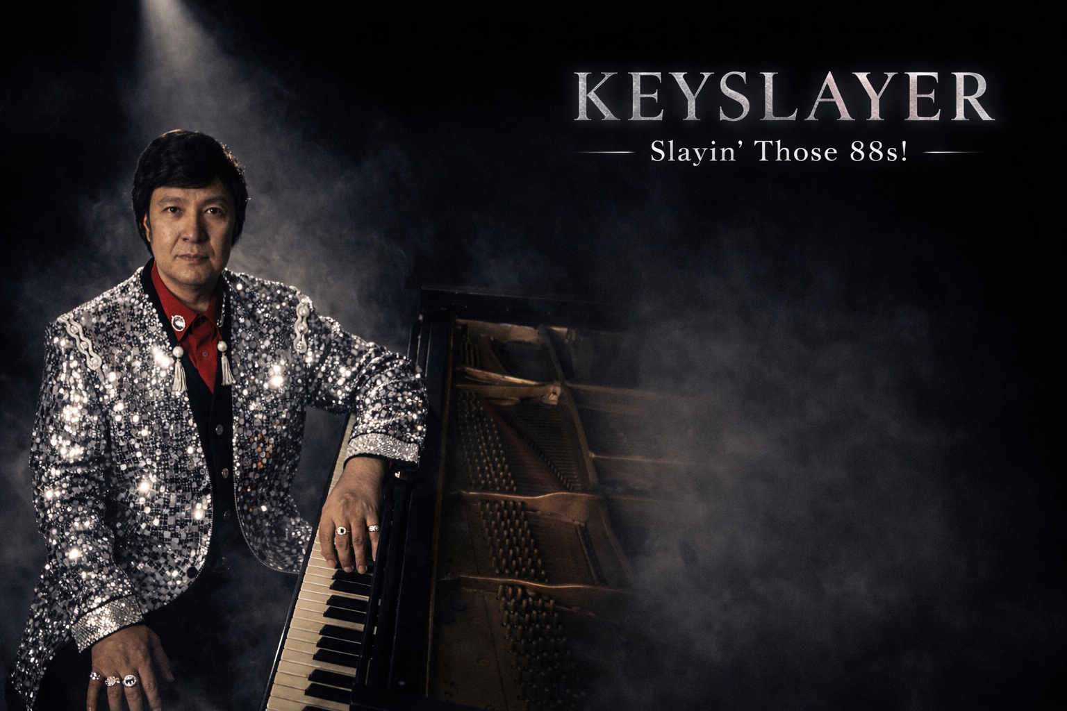 Man in a shiny, sequined jacket standing next to a piano with foggy background, text reads 'KEYSLAYER' and 'Slayin' Those 88s!'.