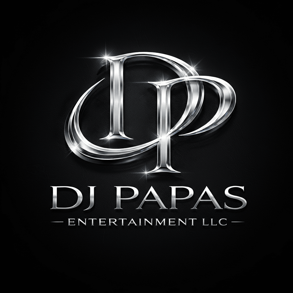 Silver logo with intertwined initials 'D' and 'P', text 'DJ PAPAS ENTERTAINMENT LLC' below, on black background.