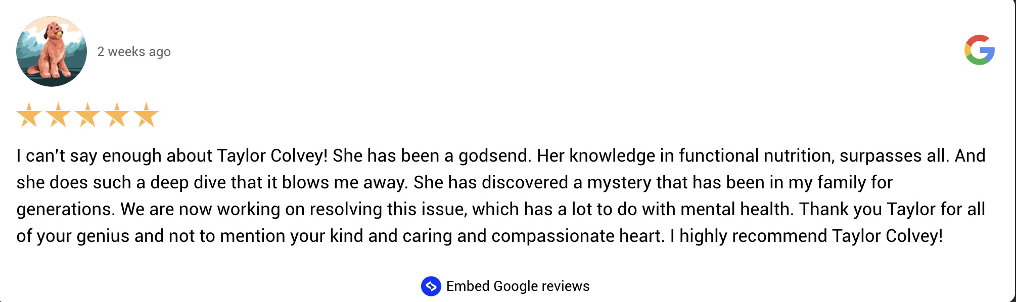 Screenshot of a 5-star review praising Taylor Colvey's knowledge in nutrition, with a positive written testimonial.