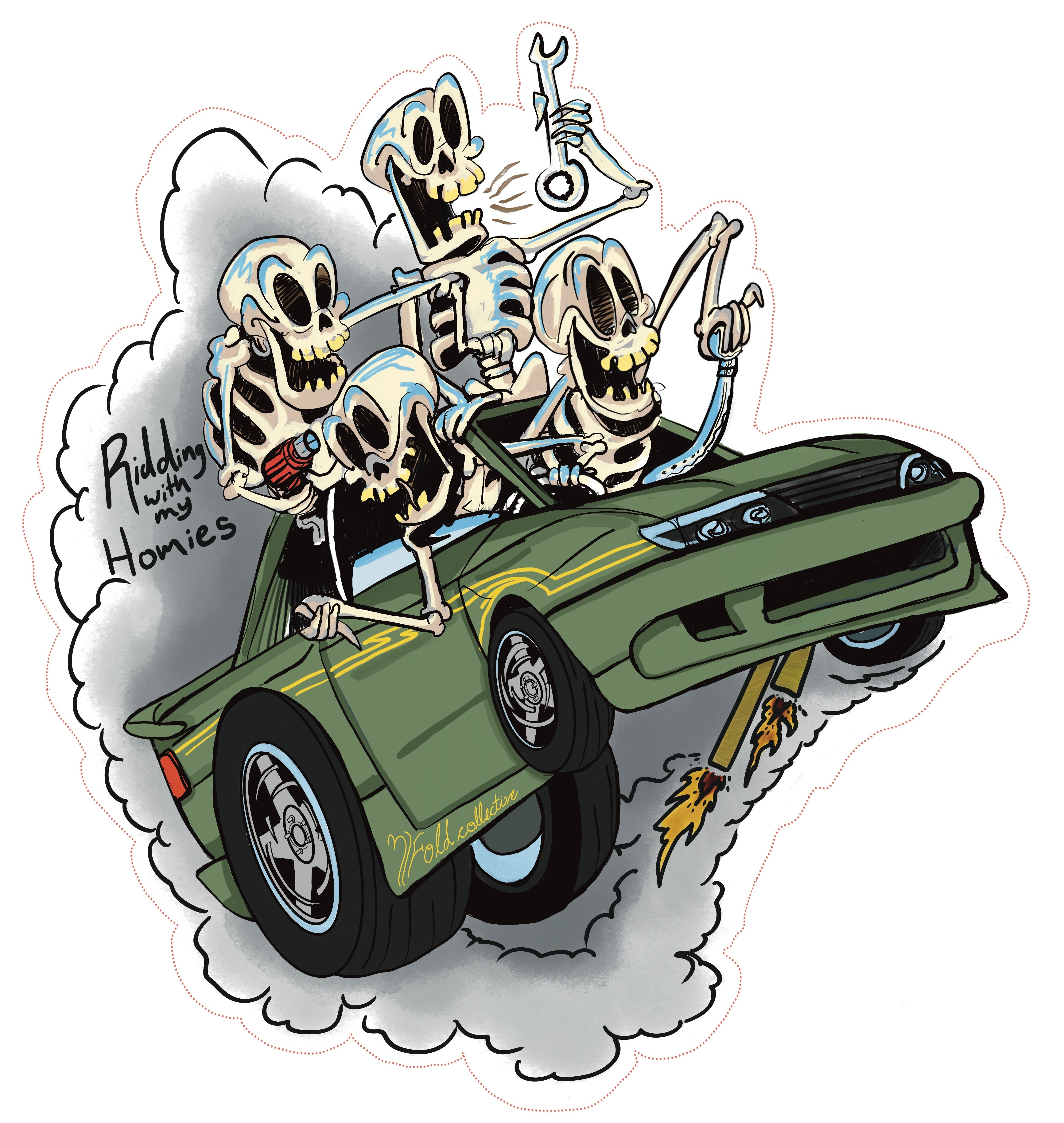 Four skeletons riding a green car, with one playing a guitar, in a cartoon style, with smoke and motion effects.