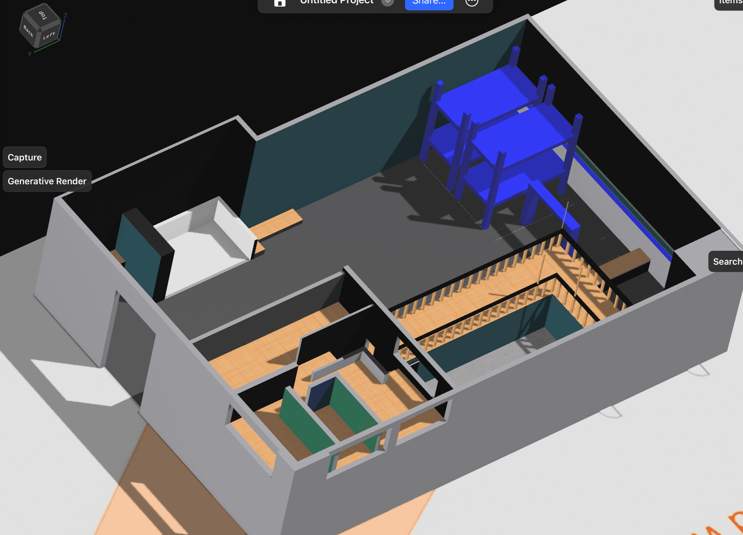3D floor plan showing rooms, furniture, and stairs with blue and wooden elements, viewed from the side.