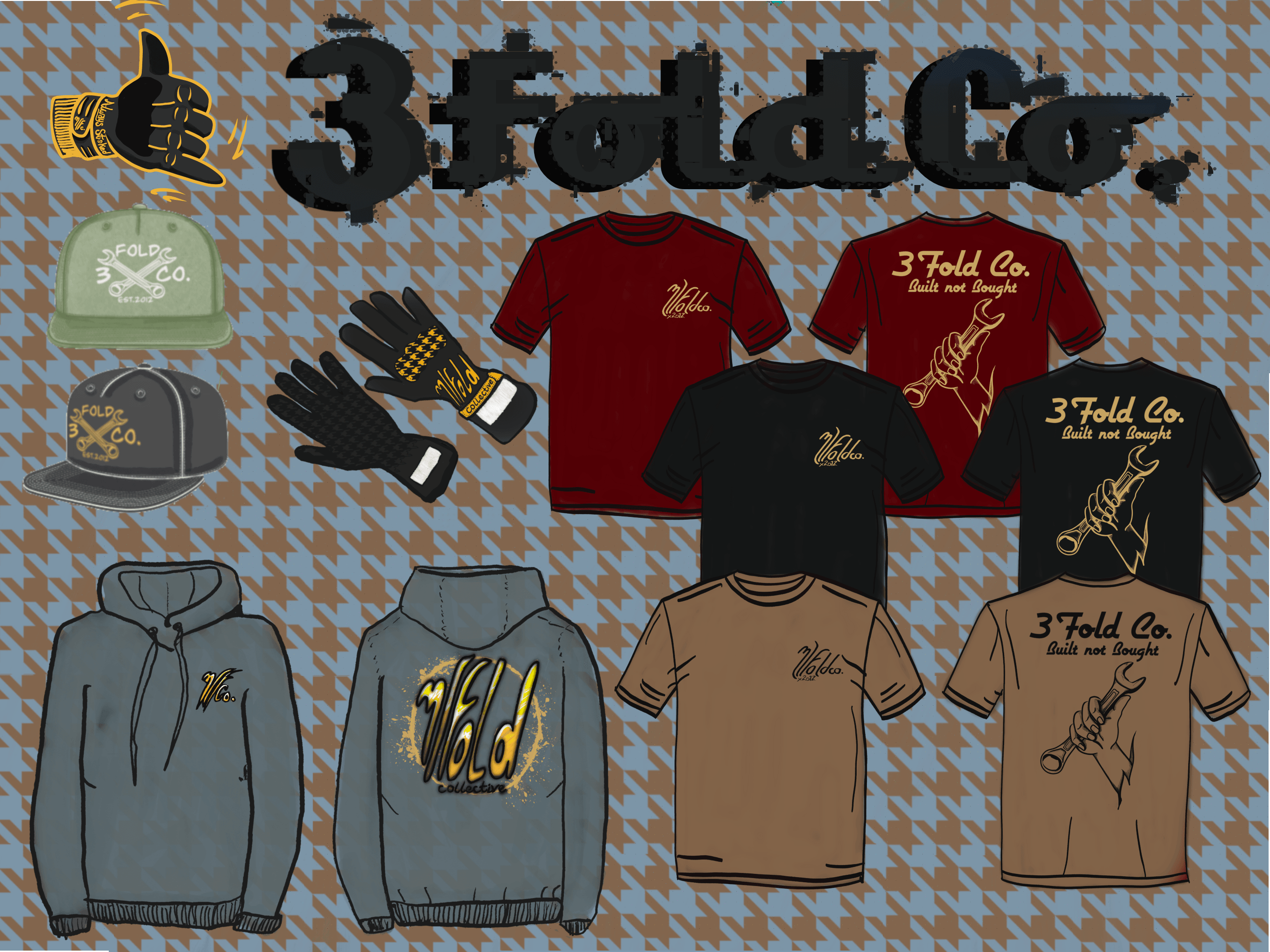 Display of clothing and accessories with a houndstooth background, including hats, gloves, hoodies, and t-shirts, with text and logos.