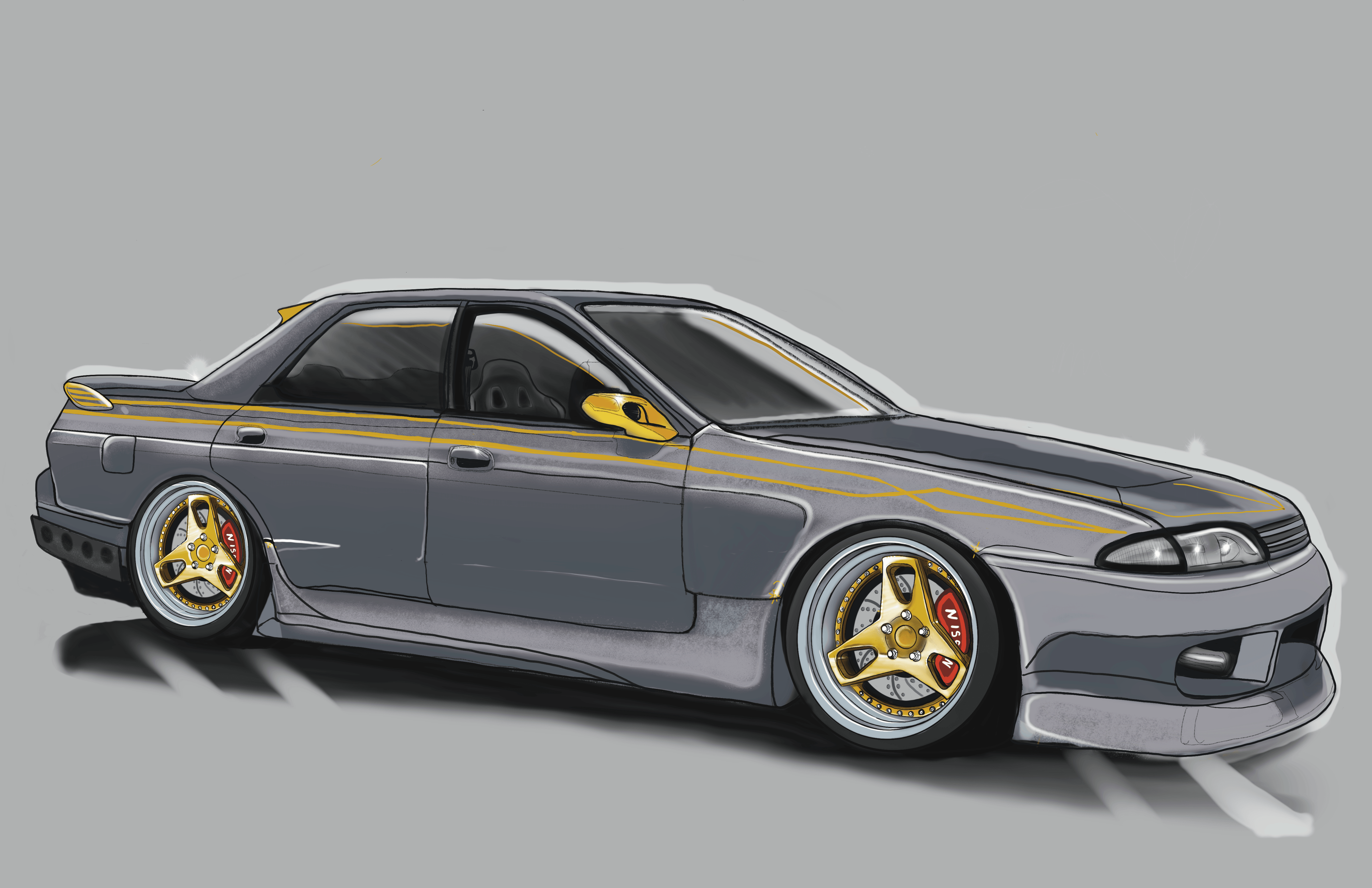 Gray modified car with gold accents, custom wheels, and lowered suspension, facing right, on a plain background.