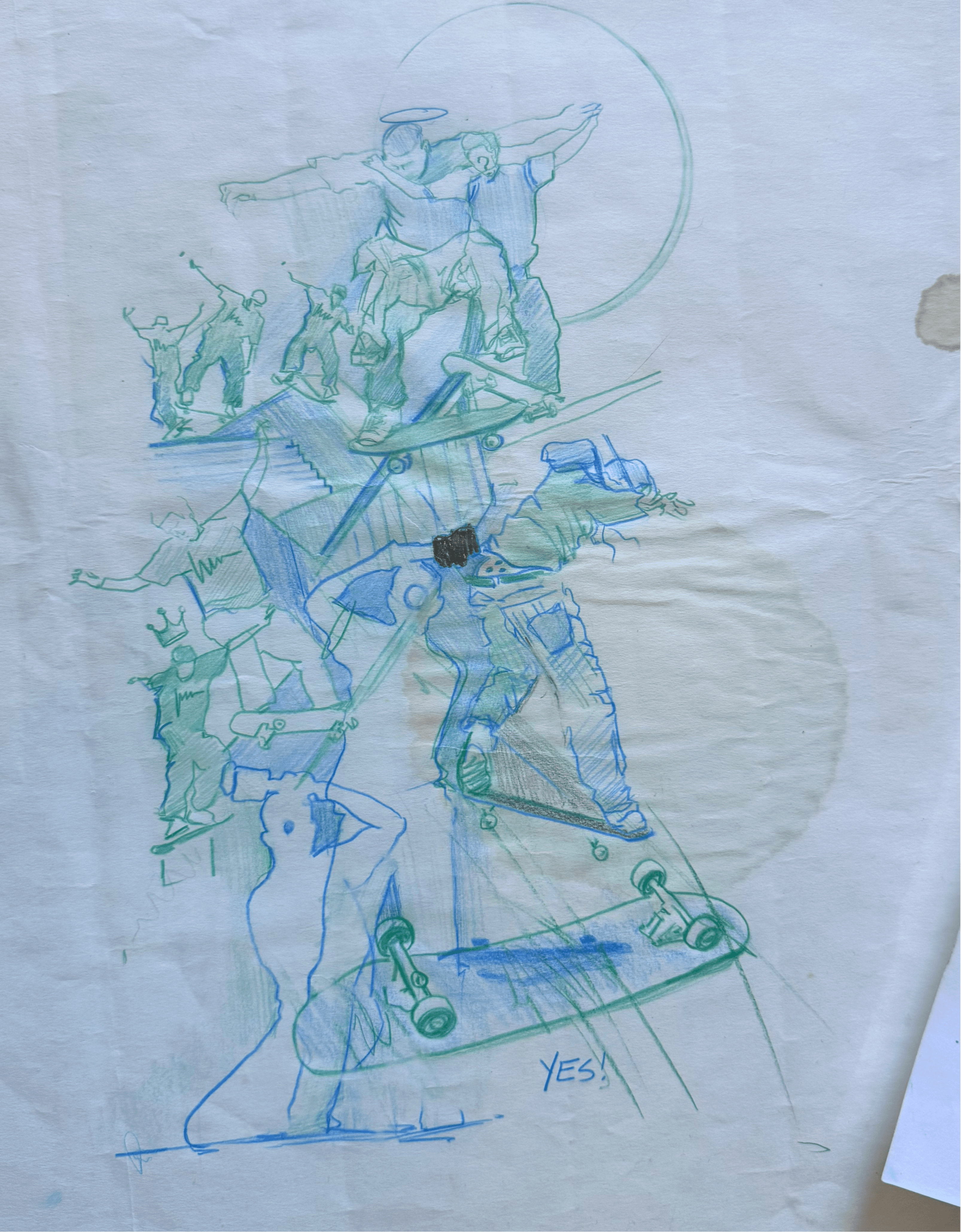 Sketch of multiple figures, some holding objects, with the word 'YES' at the bottom, on crumpled paper.