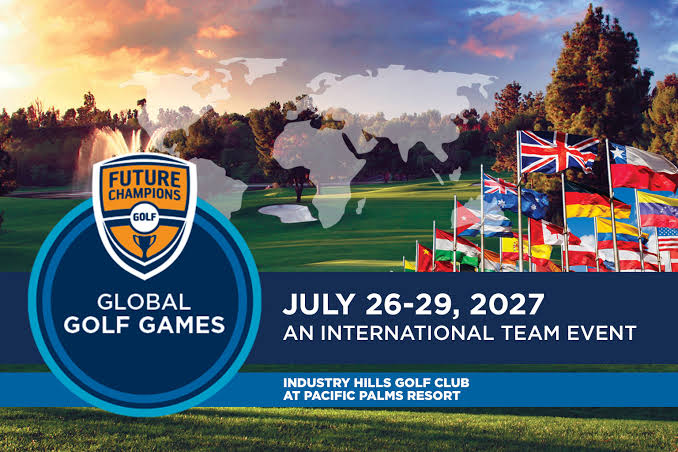 Golf course with flags and a logo for Future Champions Golf, event dates July 26-29, 2027, at Pacific Palms Resort.