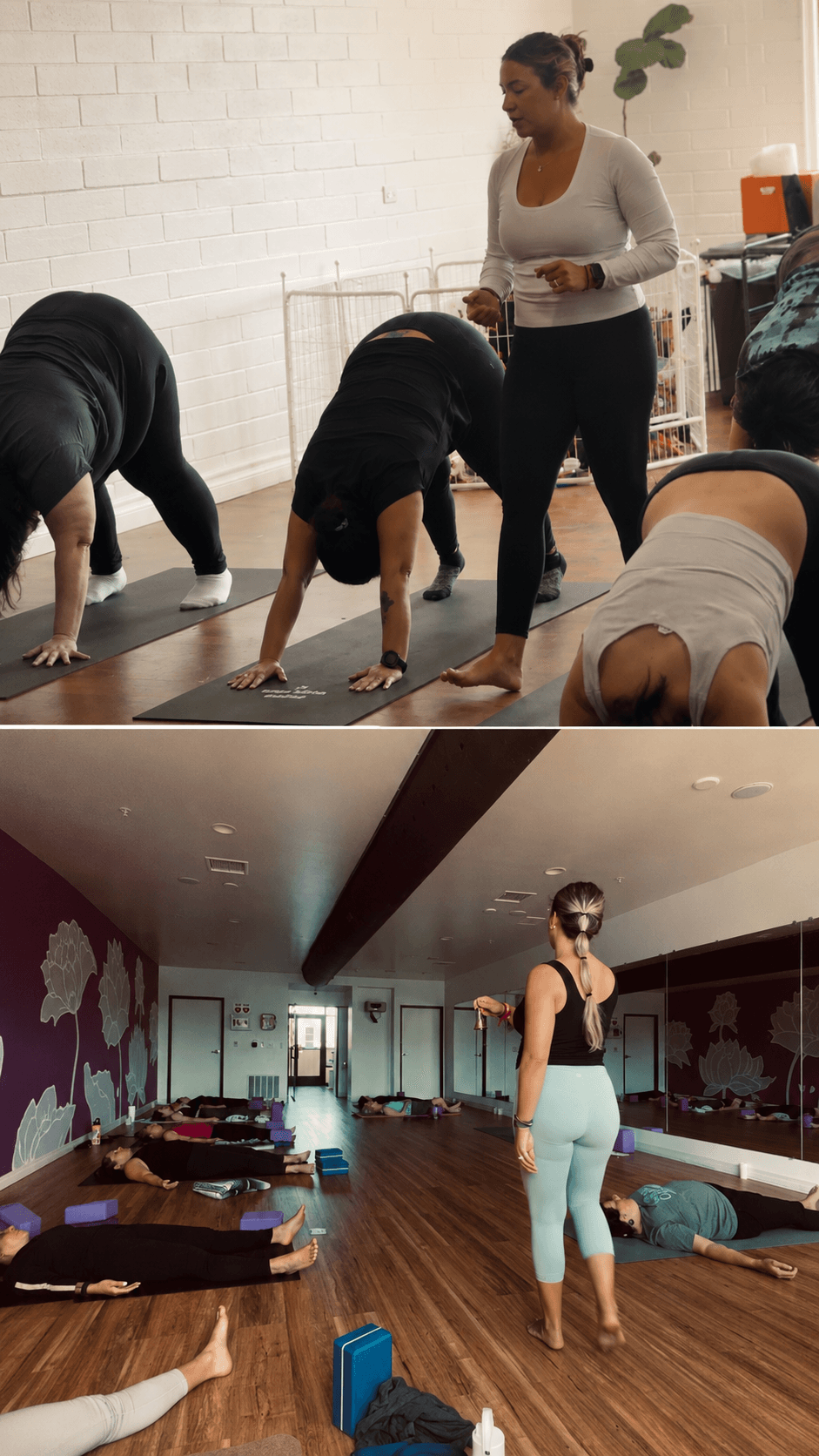 People practicing yoga in a studio with a woman instructor, some in downward dog pose, others lying on mats, wooden floor.