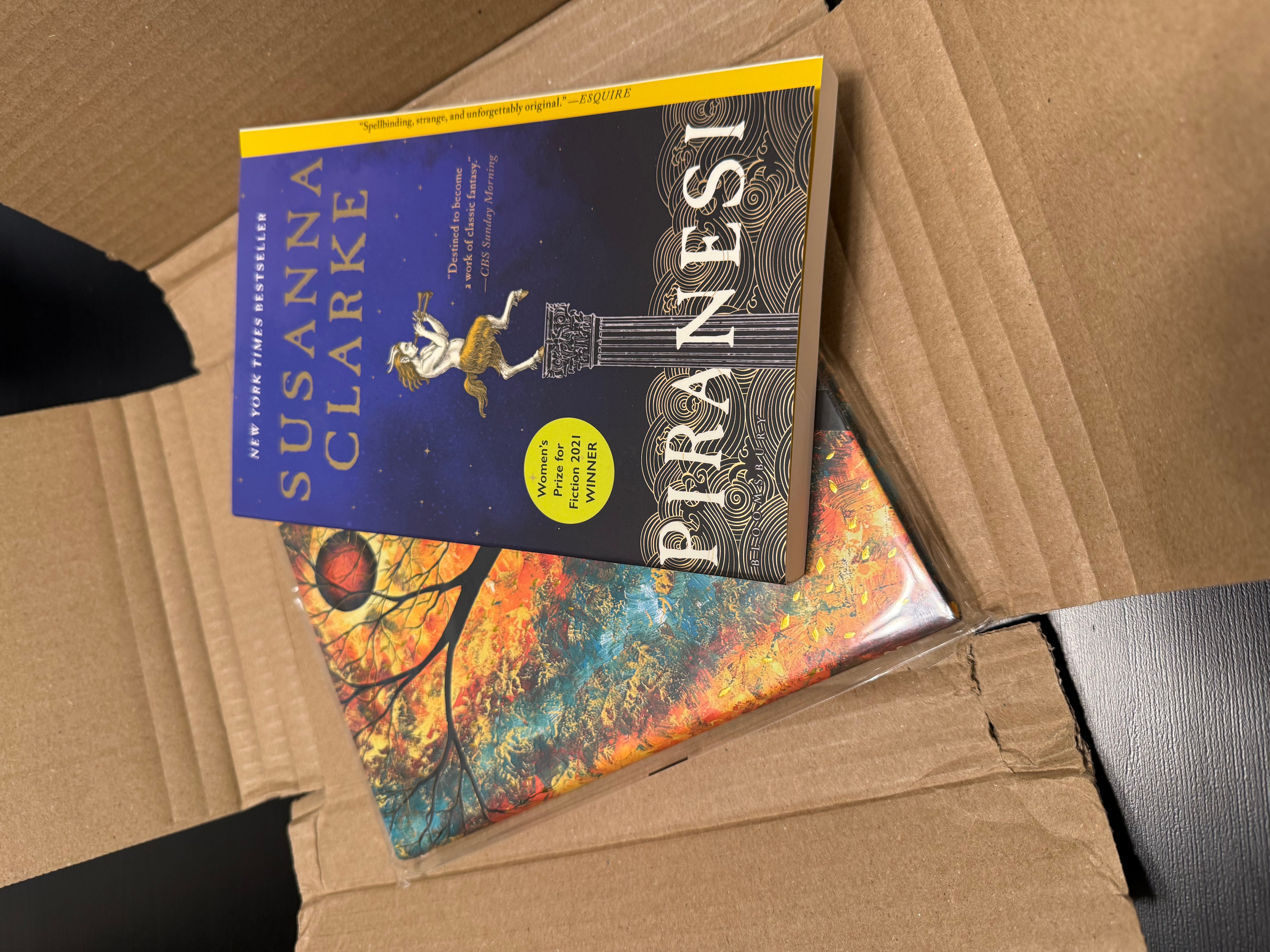 Two books inside a cardboard box, one titled 'Transcendent' and the other with a colorful autumn scene on the cover.