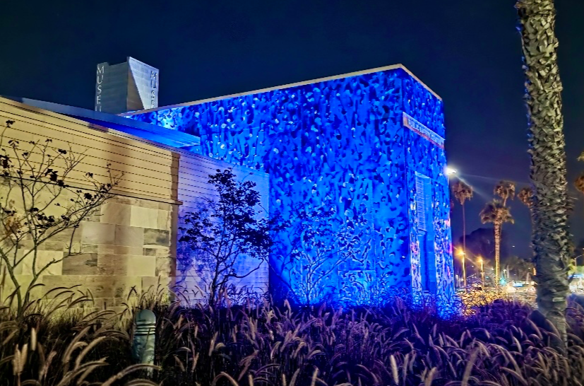 Building illuminated in blue light at night, with trees and plants in foreground, streetlights in background.