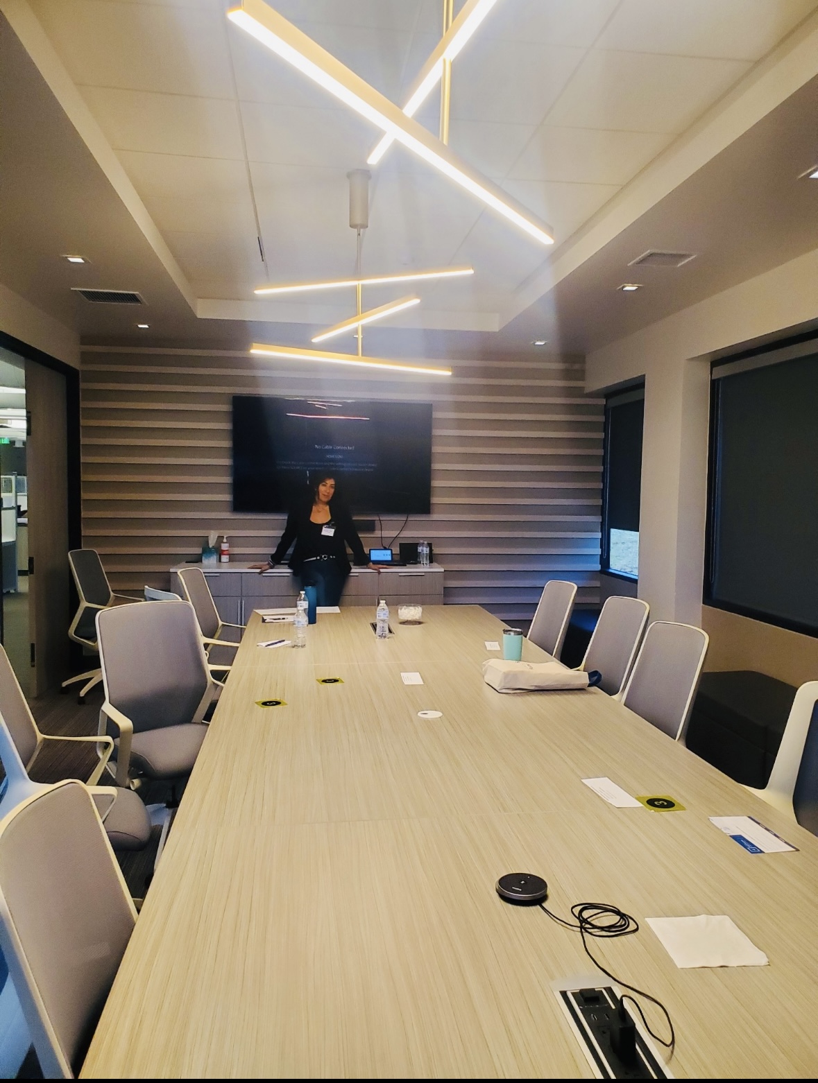 Conference room with a long table, chairs, a large screen, and a person standing at the end of the table.
