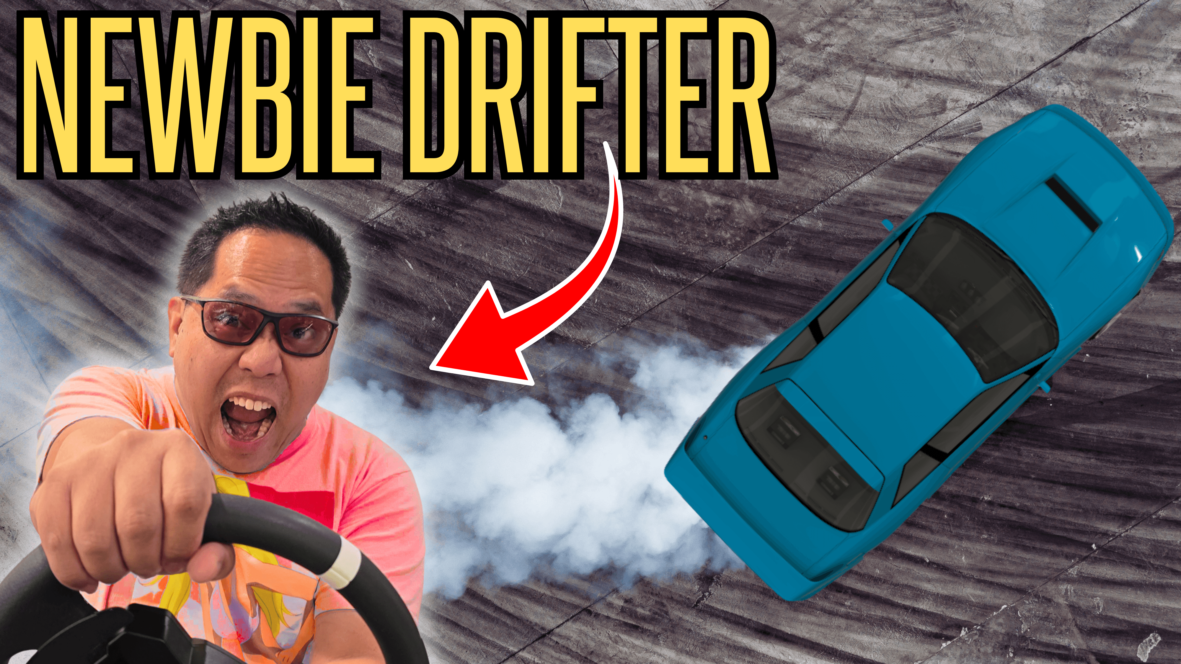Person with sunglasses driving a car, with a blue car drifting on a wet road, and text 'NEWBIE DRIFTER' at the top.