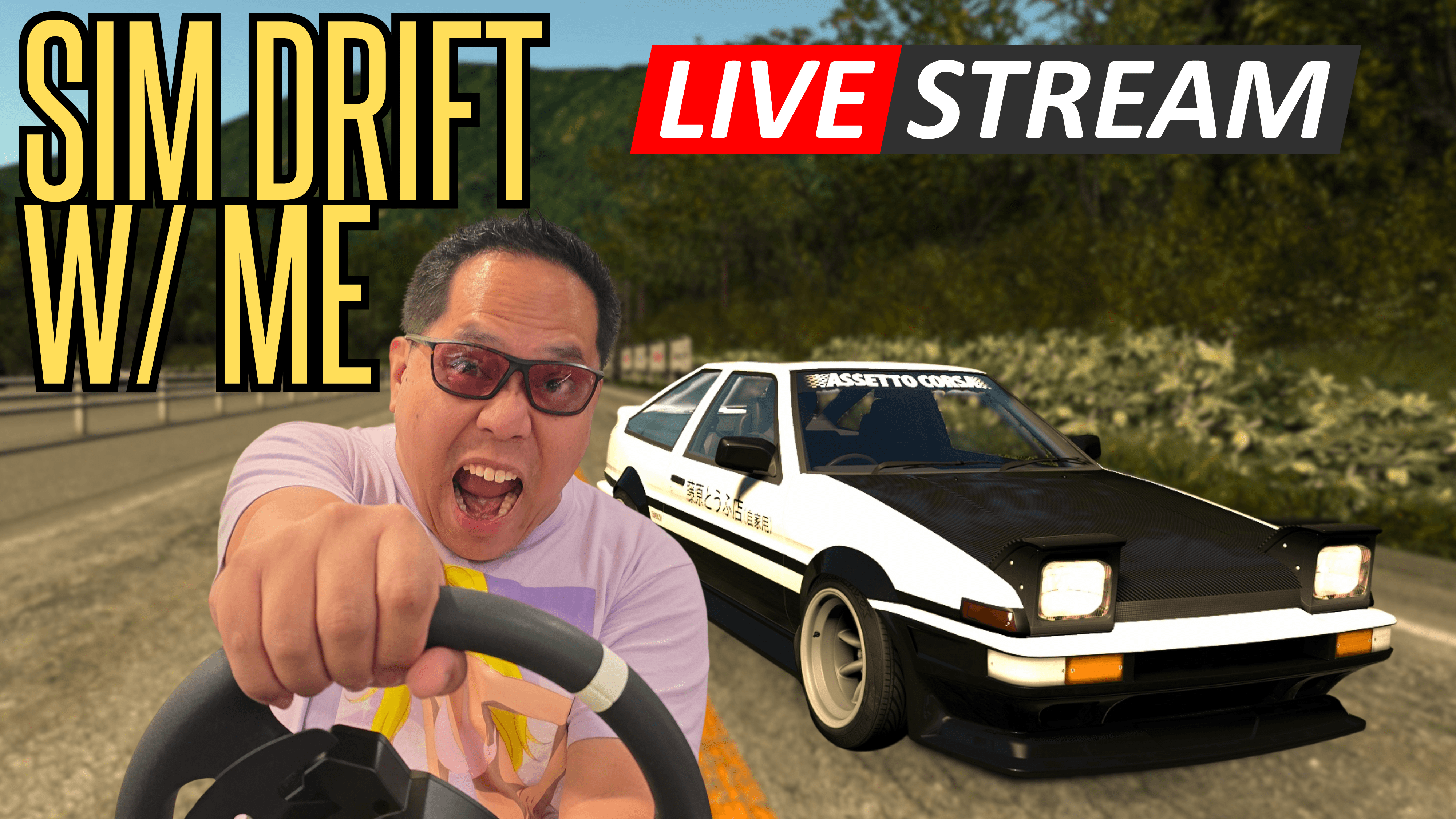 Person wearing sunglasses driving a vehicle with a black and white car in the background, text reads 'SIM DRIFT W/ ME' and 'LIVE STREAM'.