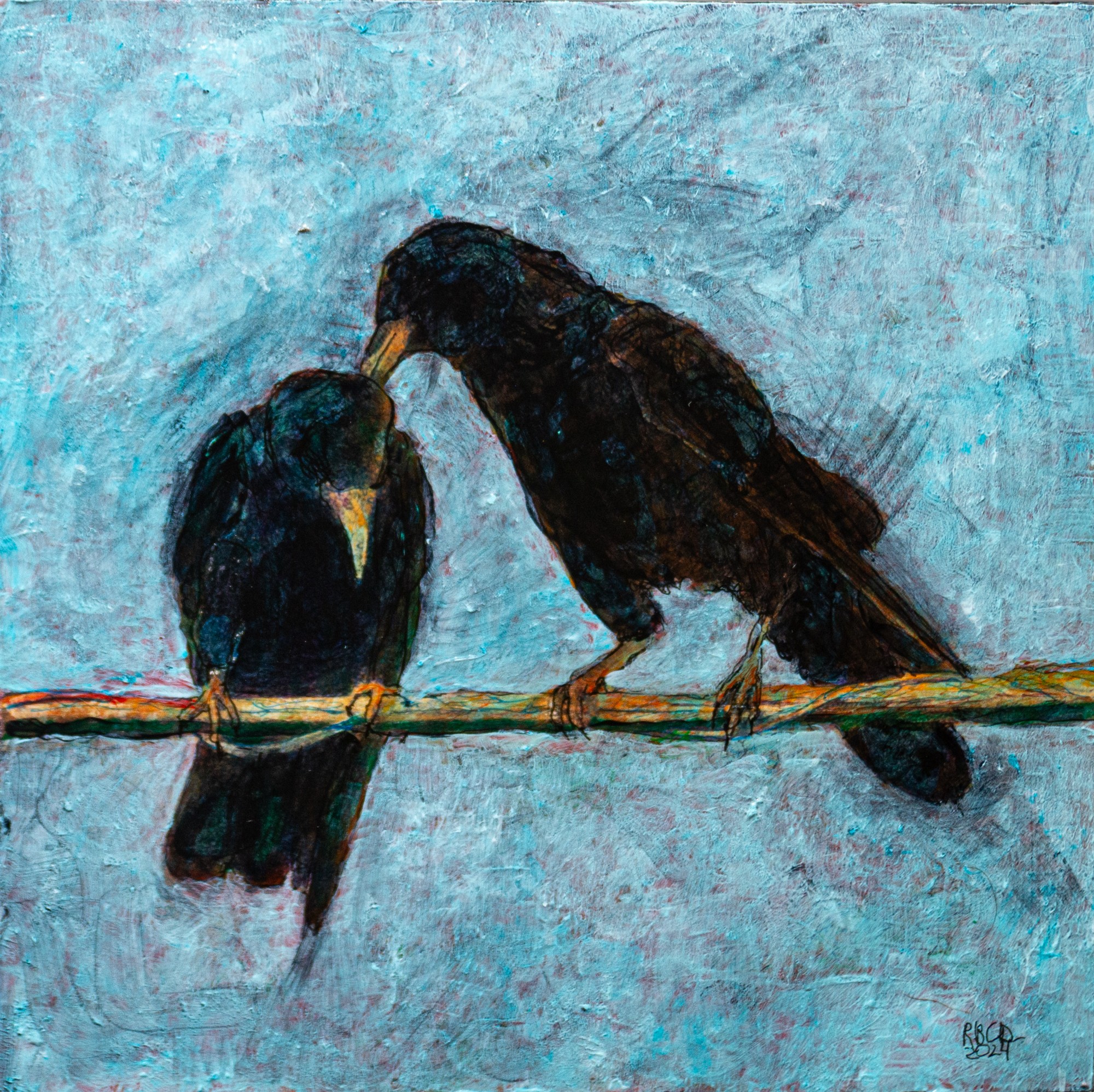 Two black birds perched on a branch, one bird appears to be grooming the other against a blue background.