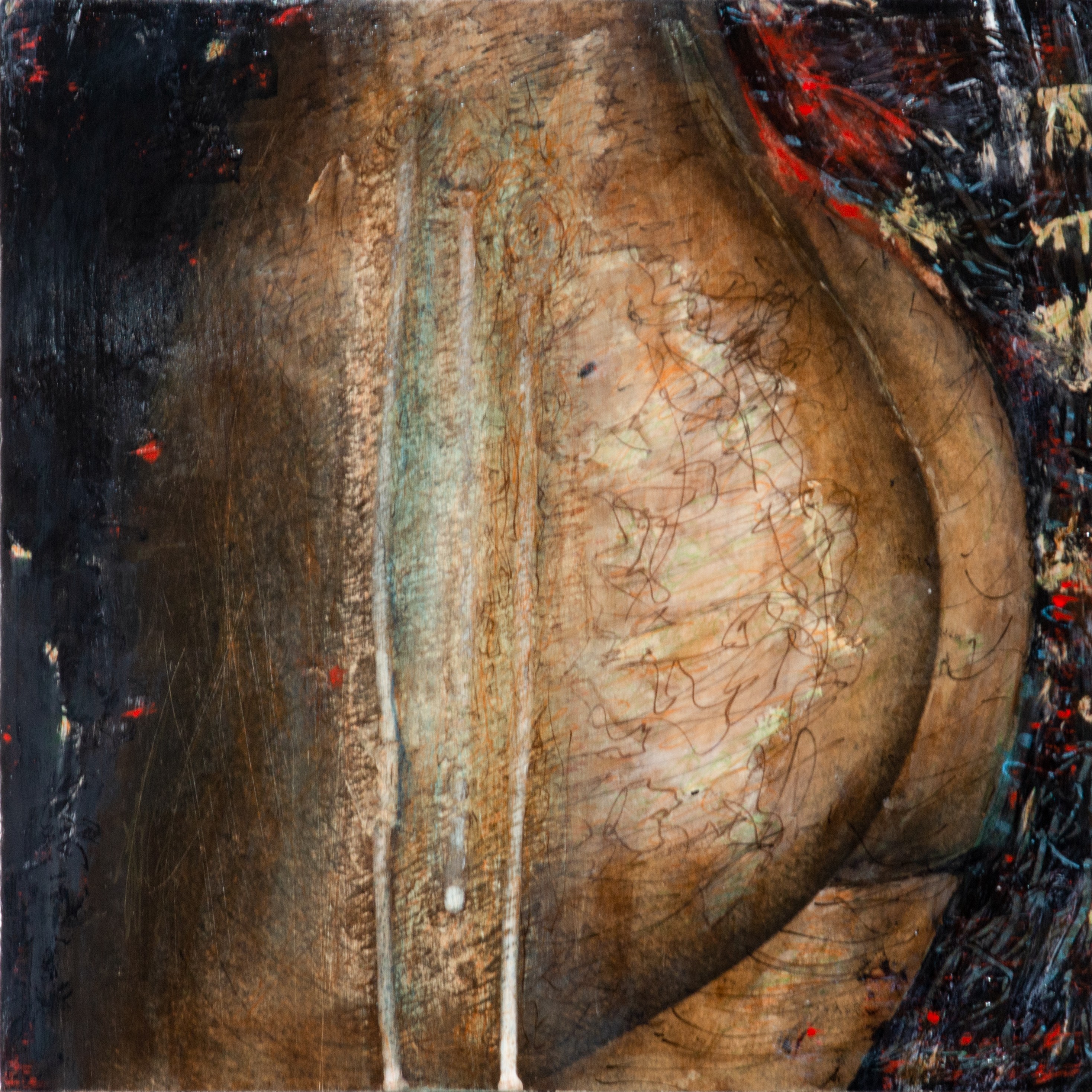 Close-up of a textured, cracked surface with a curved shape and dark background, showing earthy tones and paint splatters.