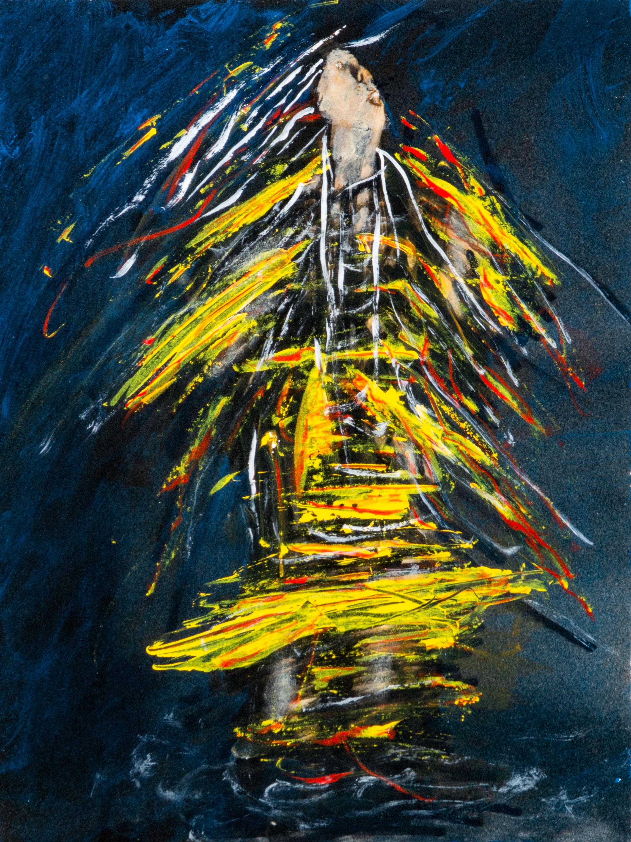 Abstract painting with a figure in white, surrounded by yellow and red streaks on a dark background.