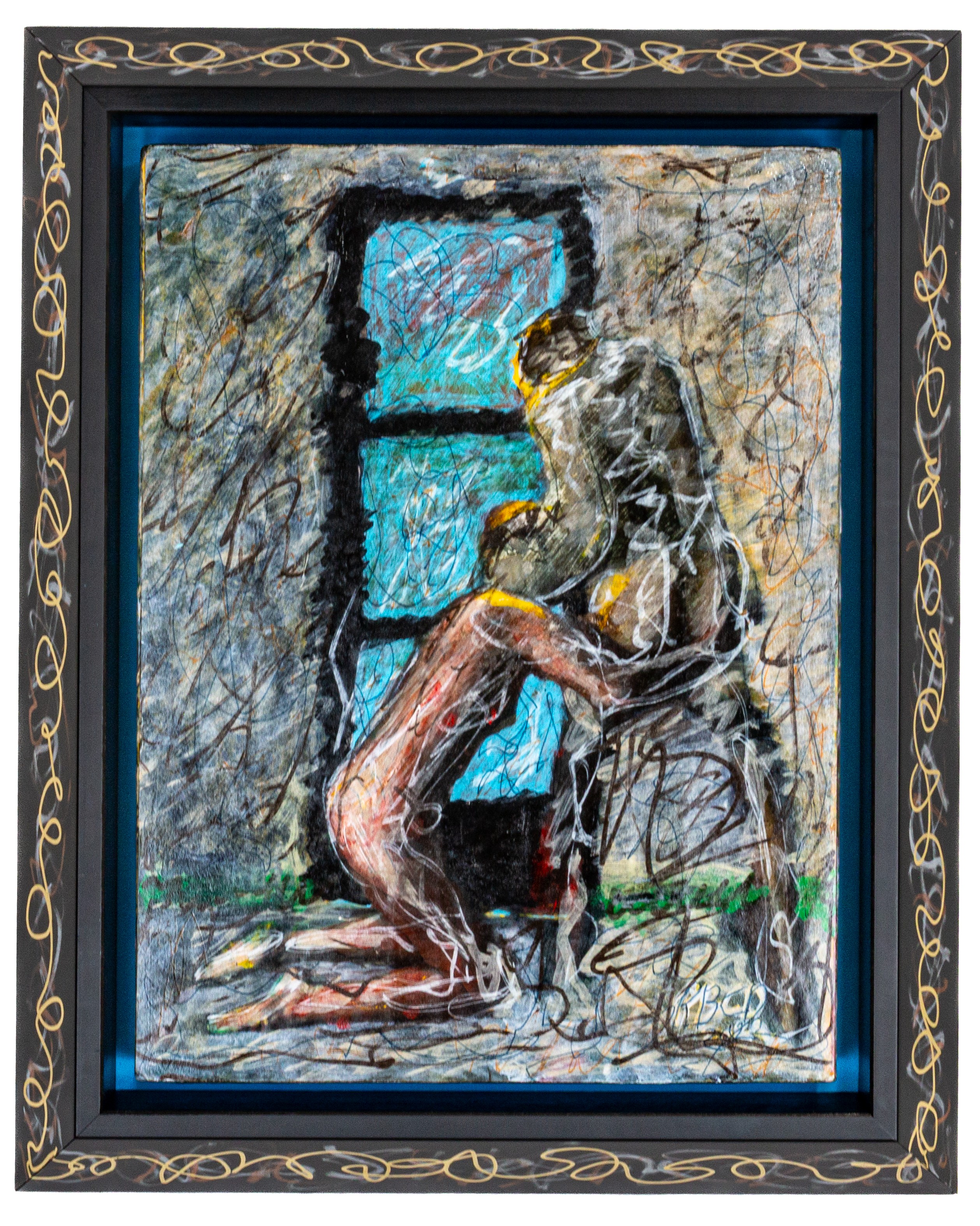 Painting of two people sitting by a window, with a decorative black and gold frame, using expressive brushstrokes.