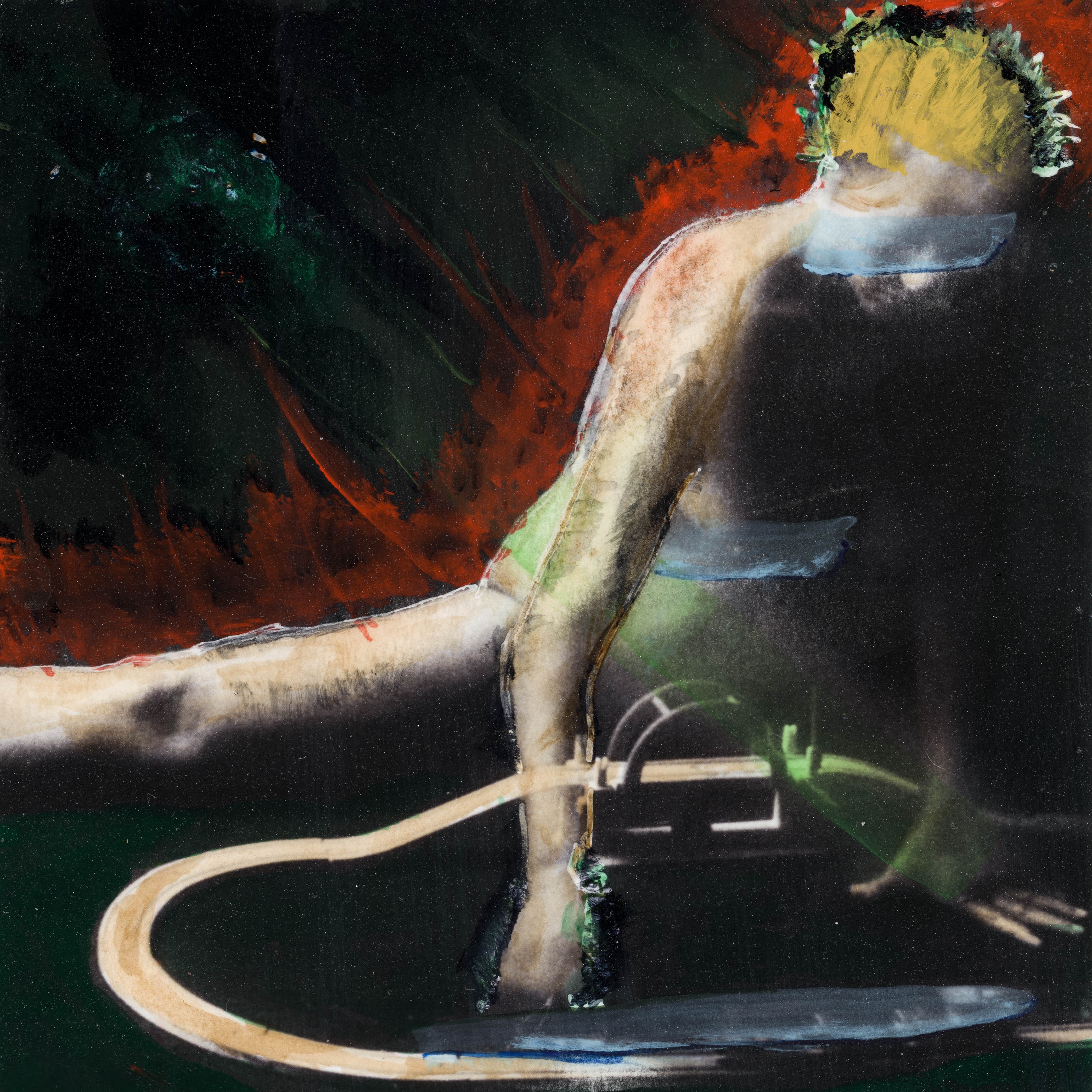Abstract painting of a person with yellow hair, leaning forward with one arm extended, dark background, colorful brushstrokes.