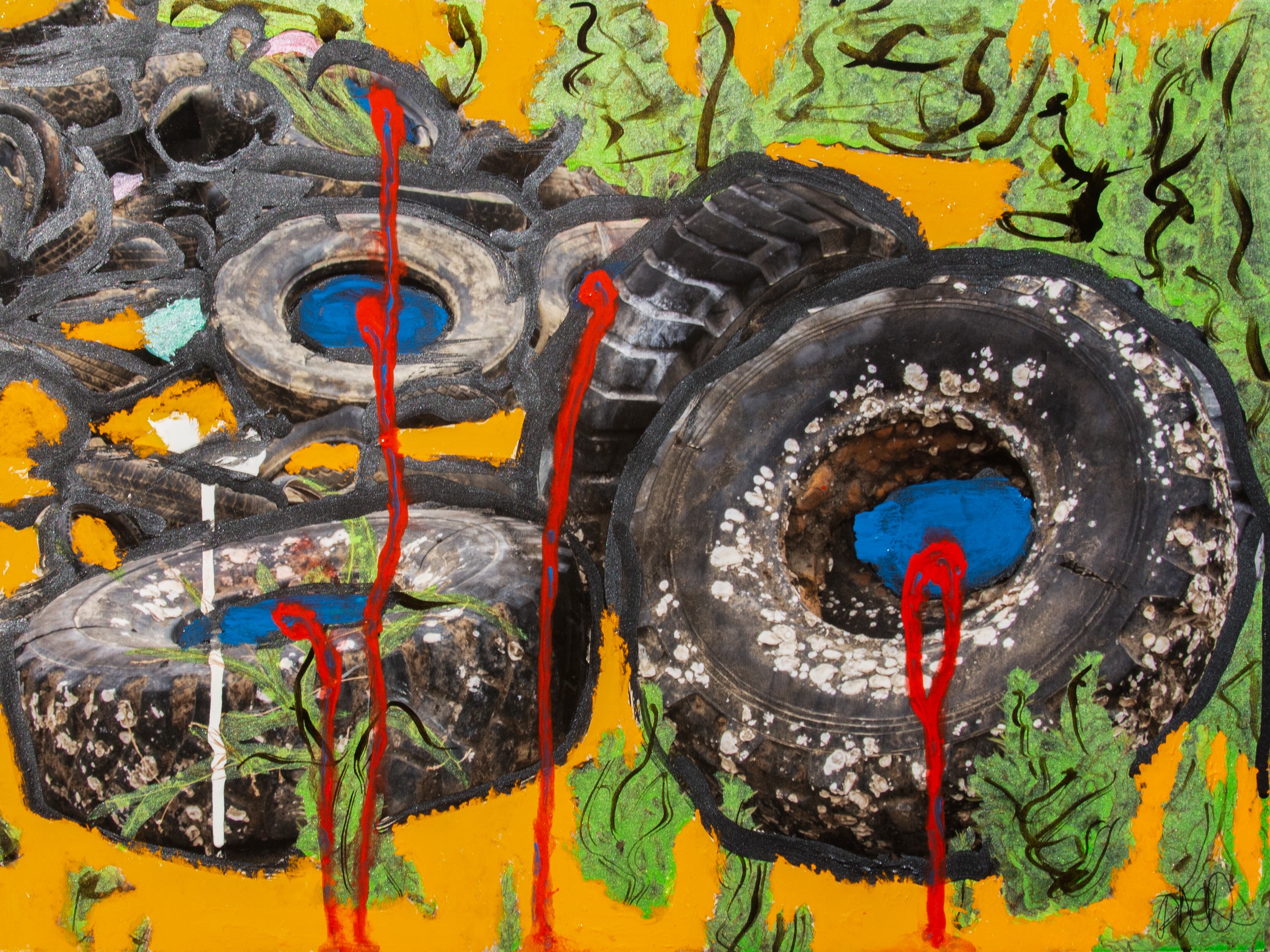 Painted image of tires with green plants and abstract background, with red lines dripping downward, and blue circles inside tires.
