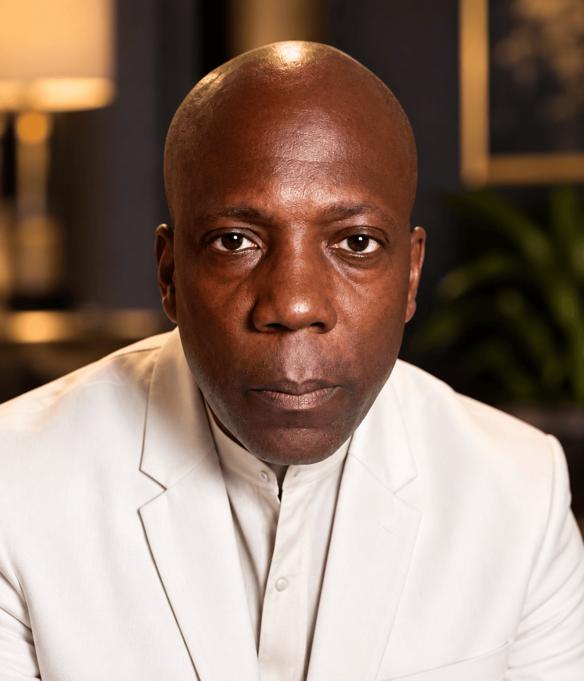 Portrait of a man with a serious expression, wearing a white suit and shirt, indoors with blurred background.