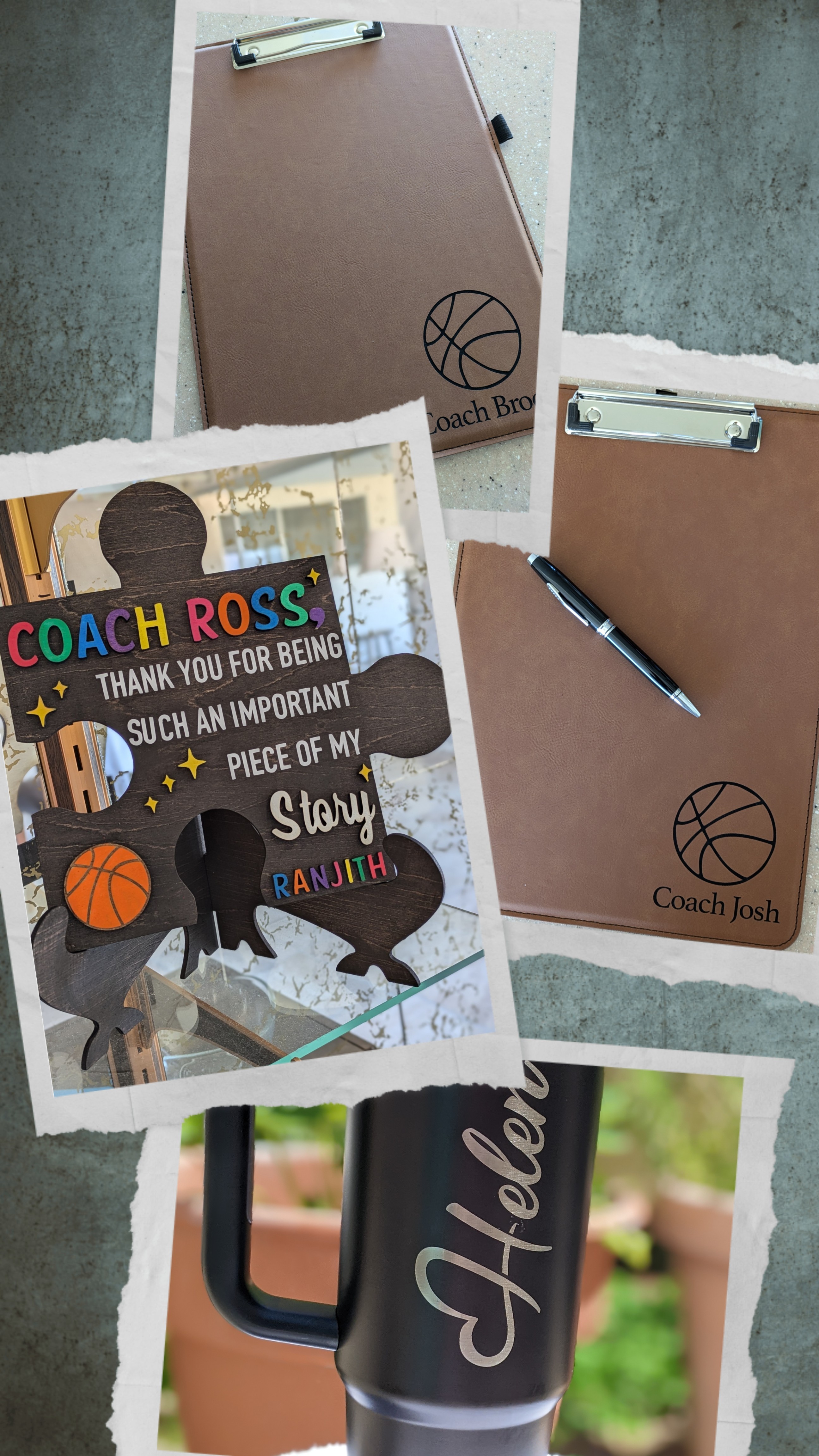 Celebration card with colorful text and illustrations, two clipboards with blank paper, and a pen on a table.