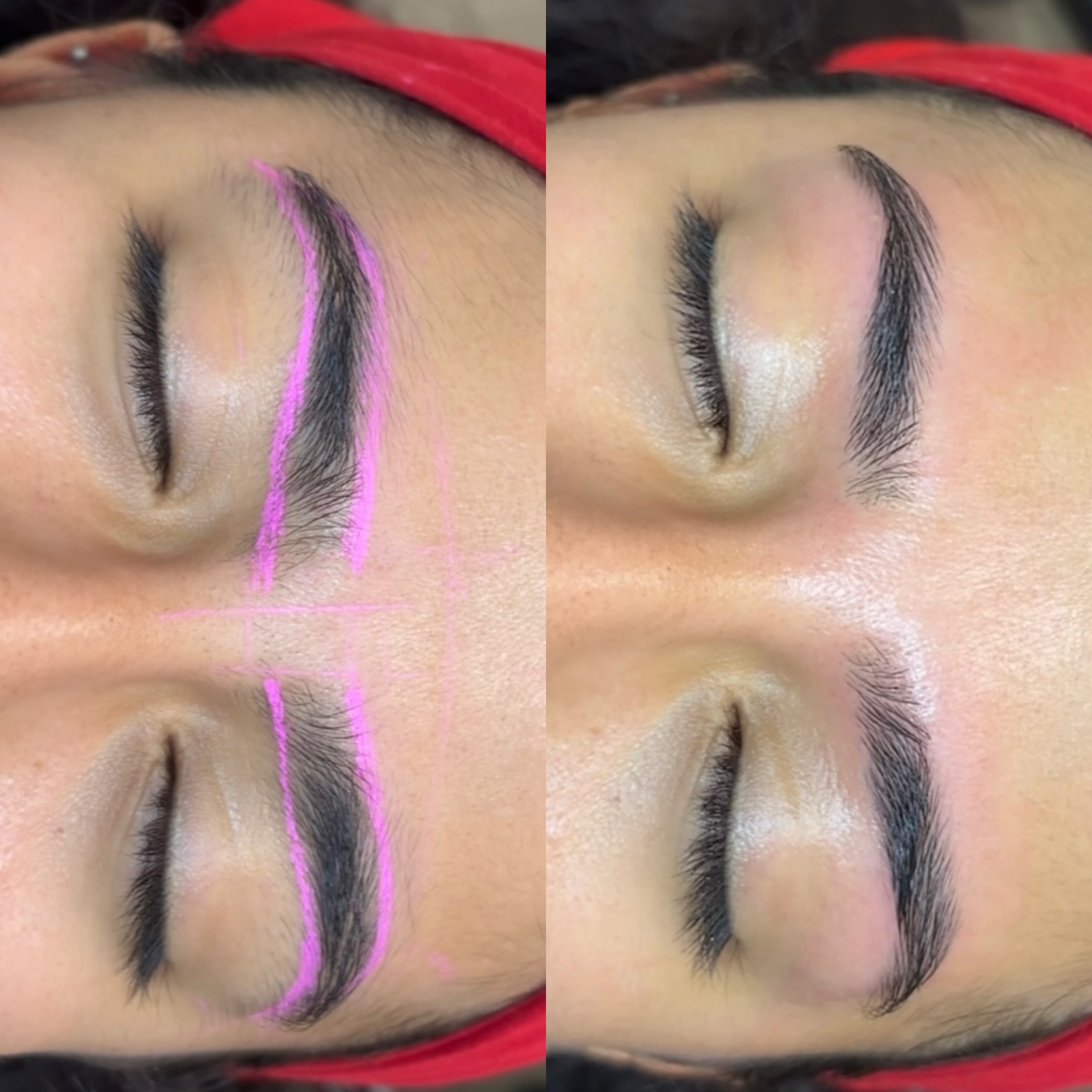 Close-up of a person's closed eyes showing freshly applied eyelash extensions and makeup, with a red headband visible.