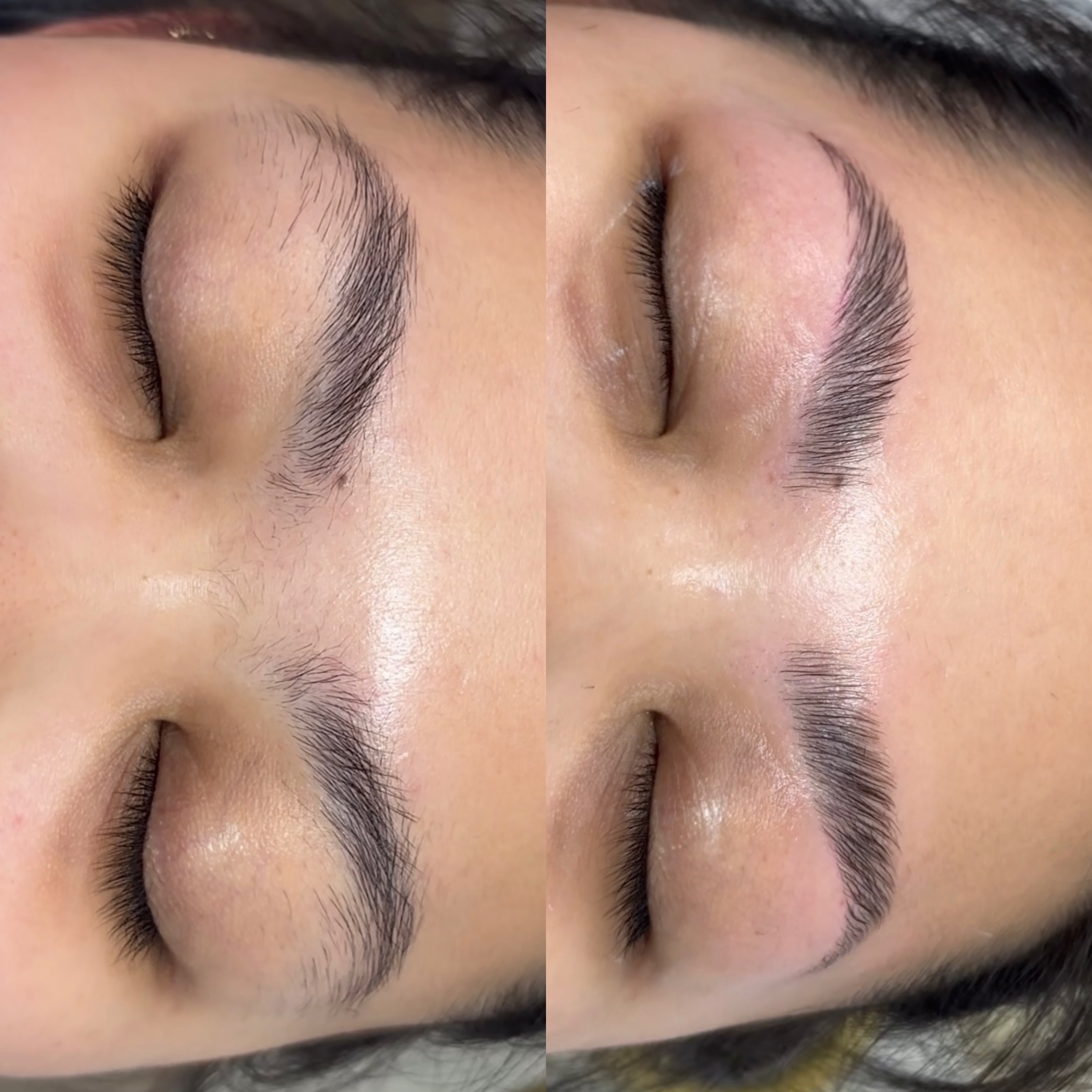 Close-up of a person's eyebrows before and after grooming, with smooth skin and closed eyes, showing improved eyebrow shape.