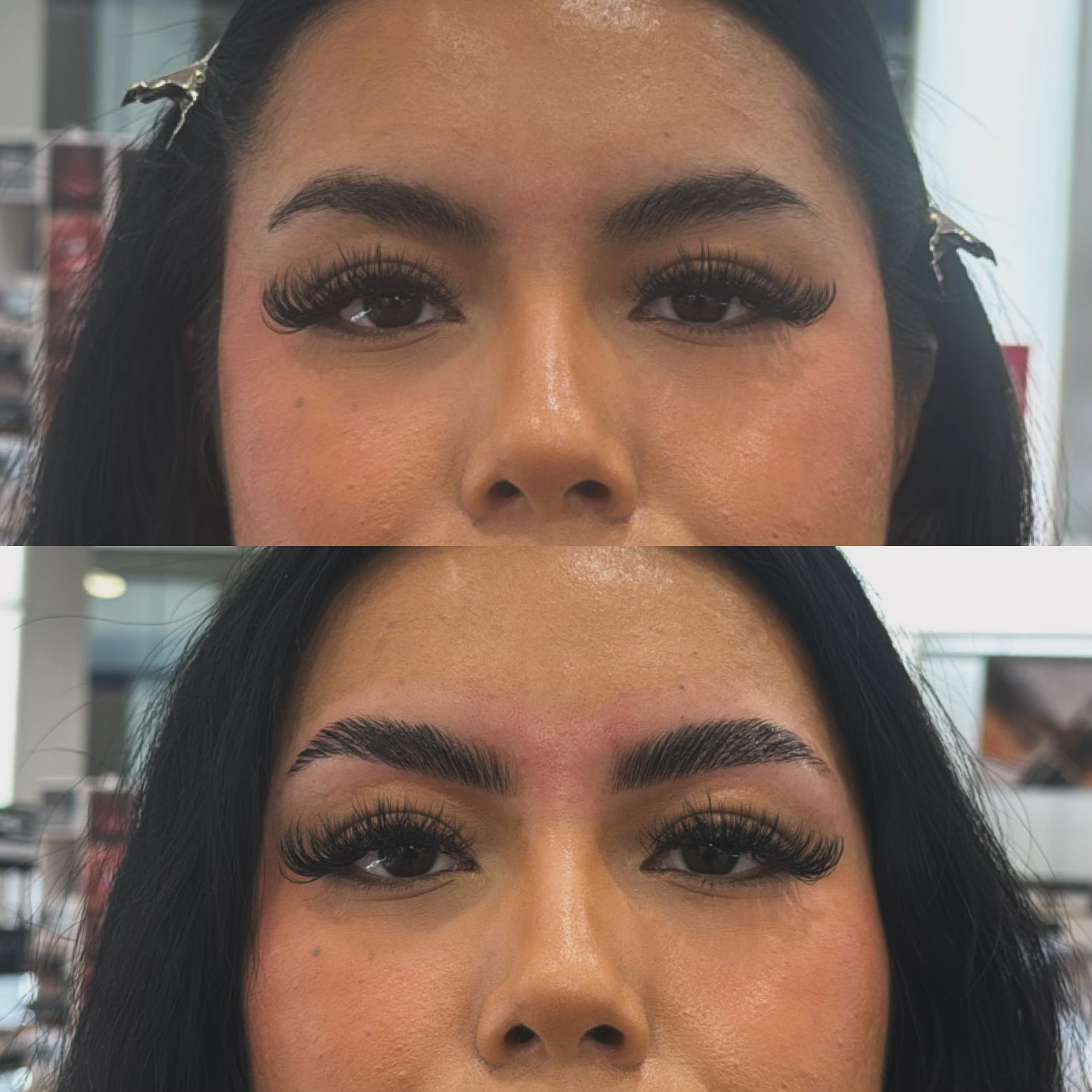 Close-up of a woman's face with makeup, focusing on eyes and eyebrows, indoors with shelves in the background.