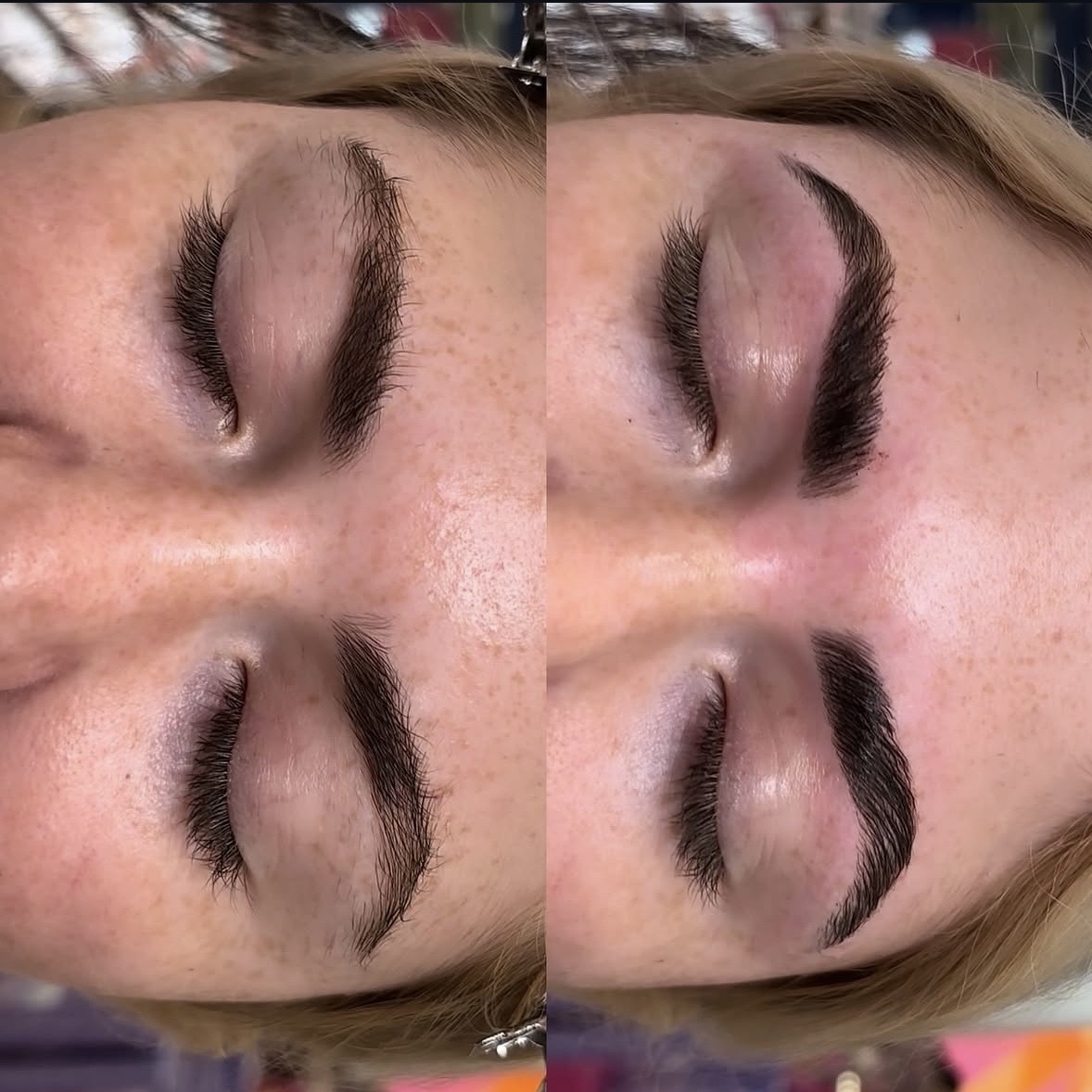 Close-up of a person's face with makeup, eyes closed, showing eyebrows and eyelids, skin with freckles, and blonde hair.