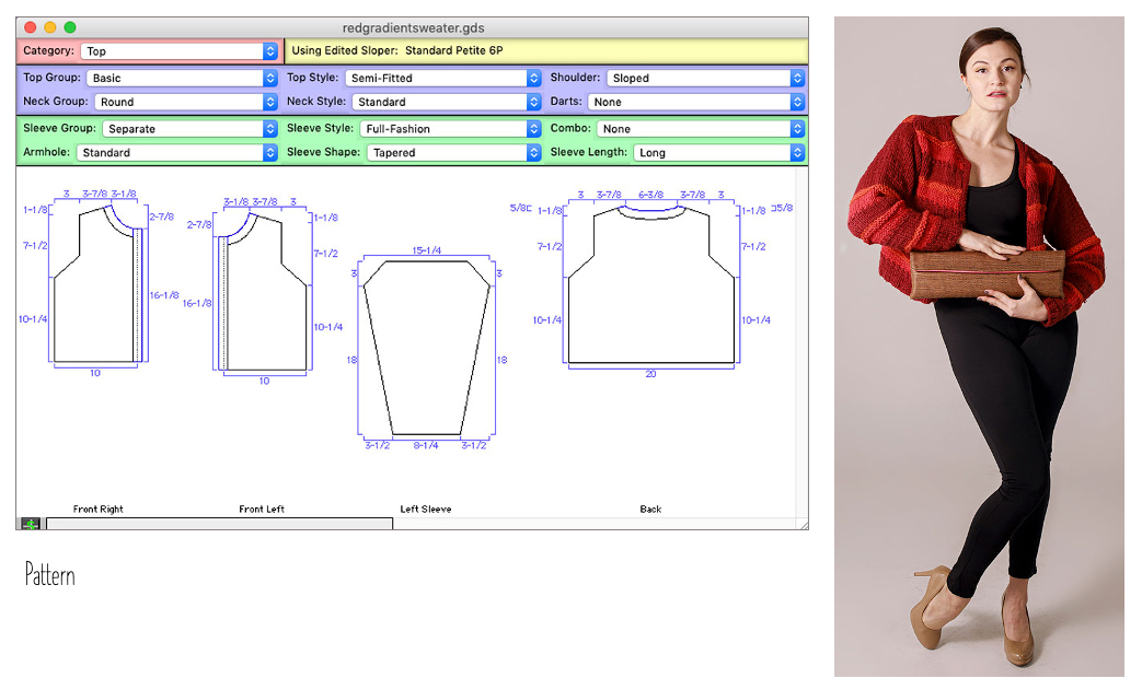 Pattern drafting software screen with garment pattern outlines and measurements, next to a woman in a red jacket holding a notebook.