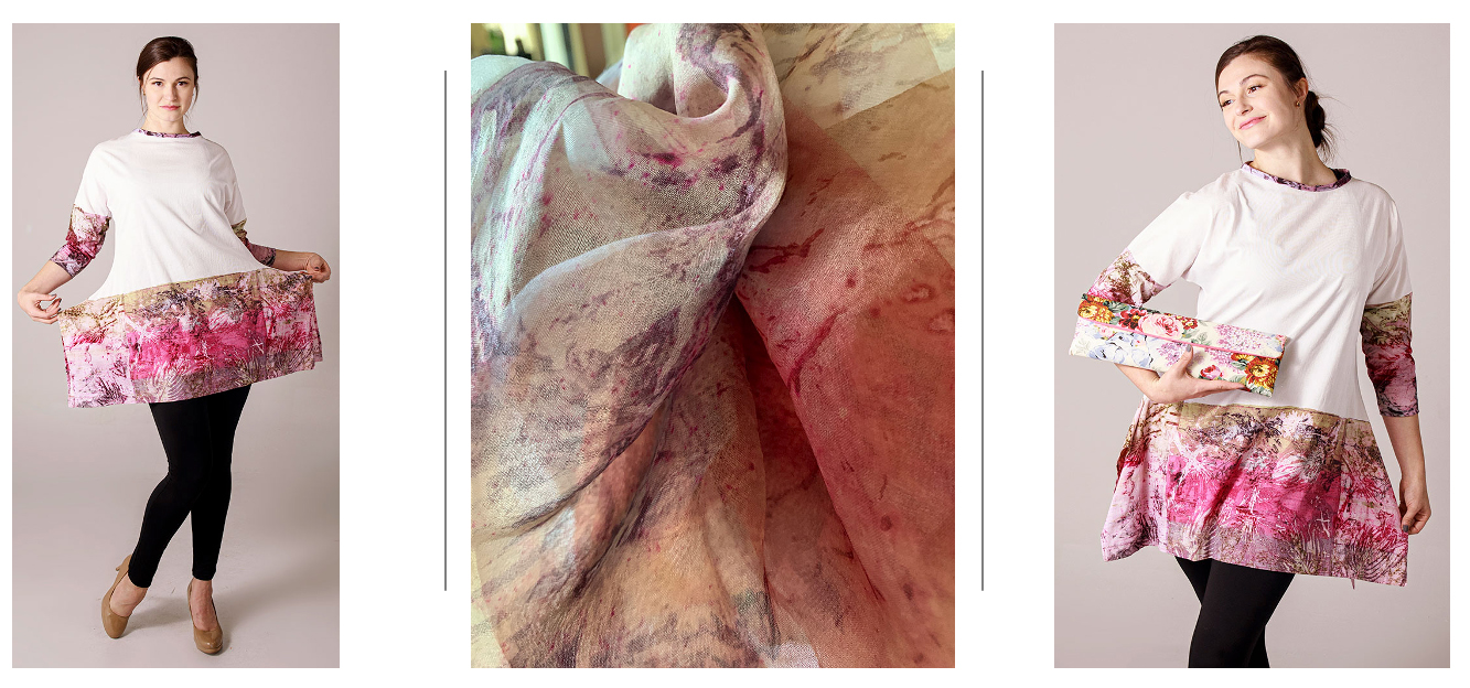 Three images: two women holding floral skirts, one close-up of fabric with floral pattern, all against plain backgrounds.