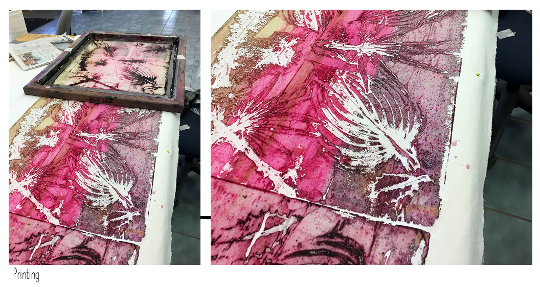 Close-up of a textured artwork with pink, white, and brown colors, showing cracks and layered paint effects.