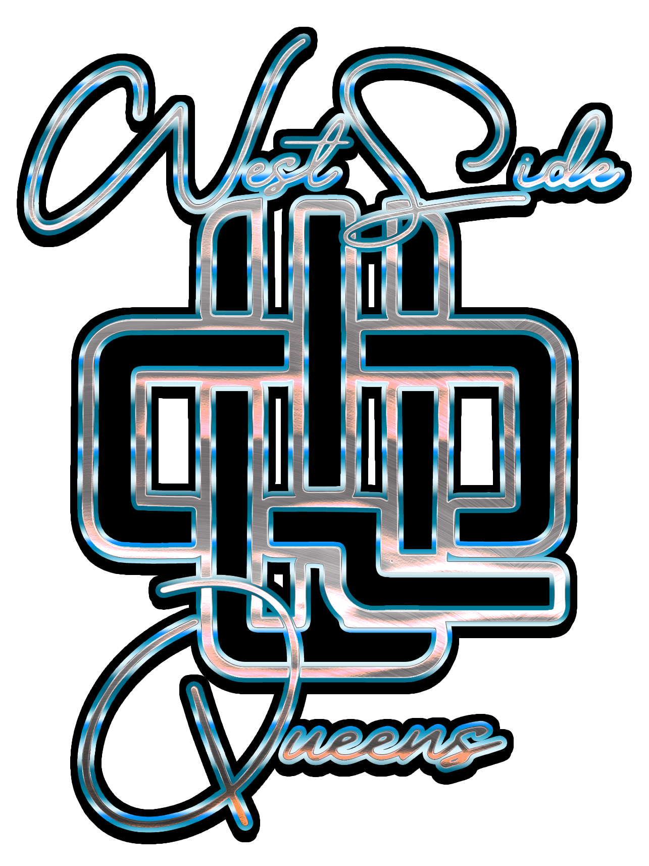 Neon sign with the words 'West Side Queens' and a stylized cityscape, glowing in blue against a black background.
