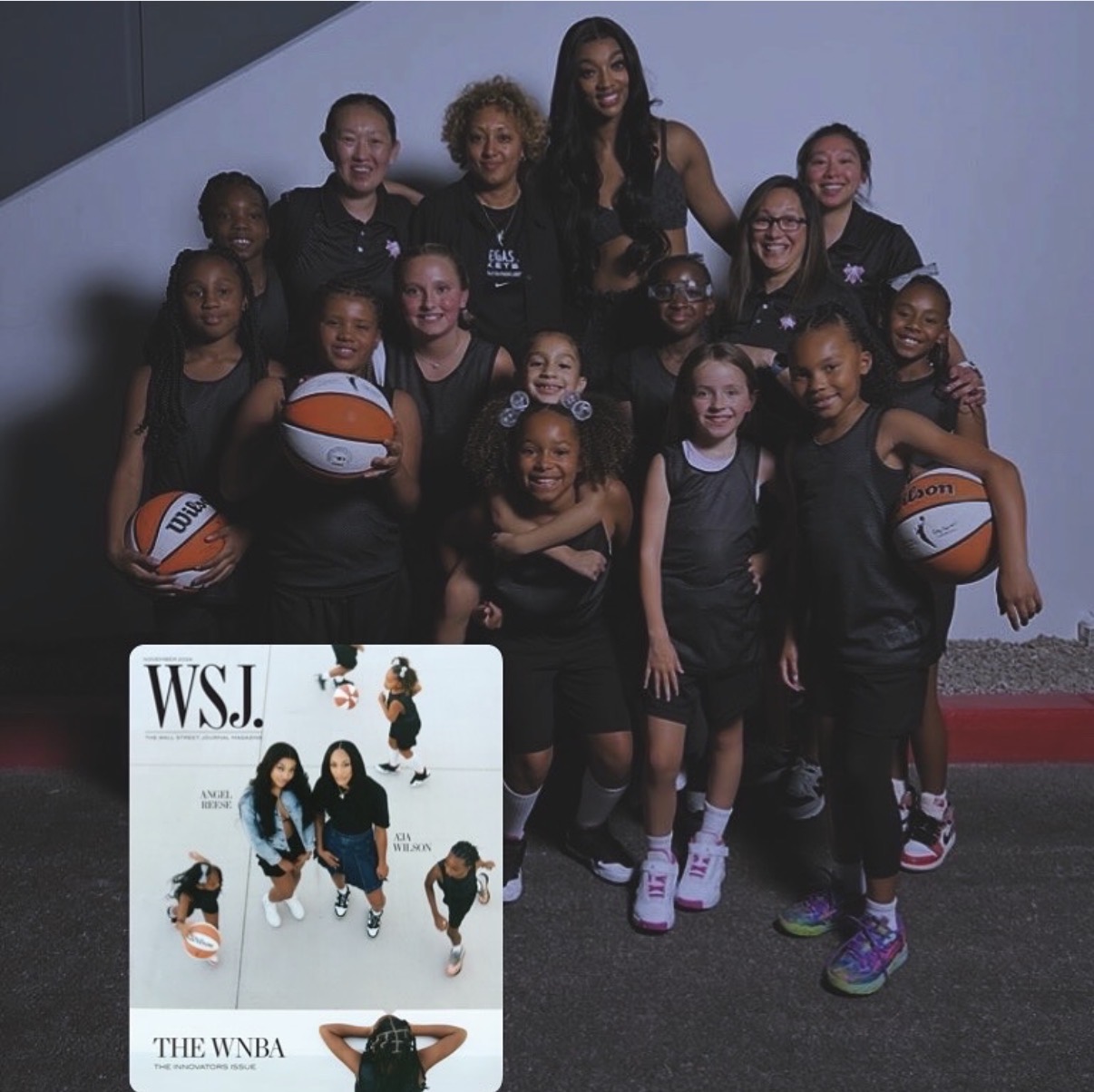 Group of young girls and women in sports uniforms, some holding basketballs, posing together indoors. A smaller inset shows two women in sportswear with basketballs. Alt text word count: 37. Confidence: 0.9.