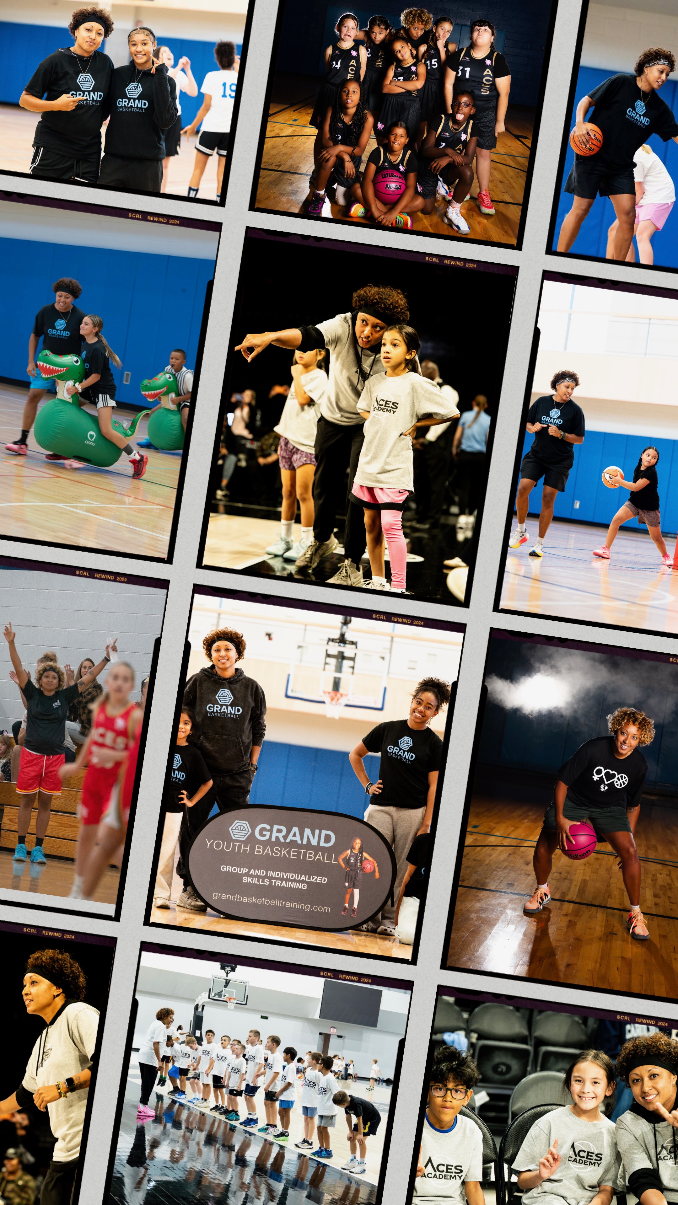 Collage of children playing sports, group photos, and indoor activities in gym and gymnasium settings.