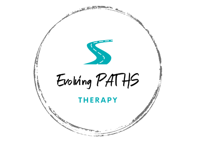 Logo with a winding road icon, text 'Evolving PATHS' and 'THERAPY' inside a circular border.