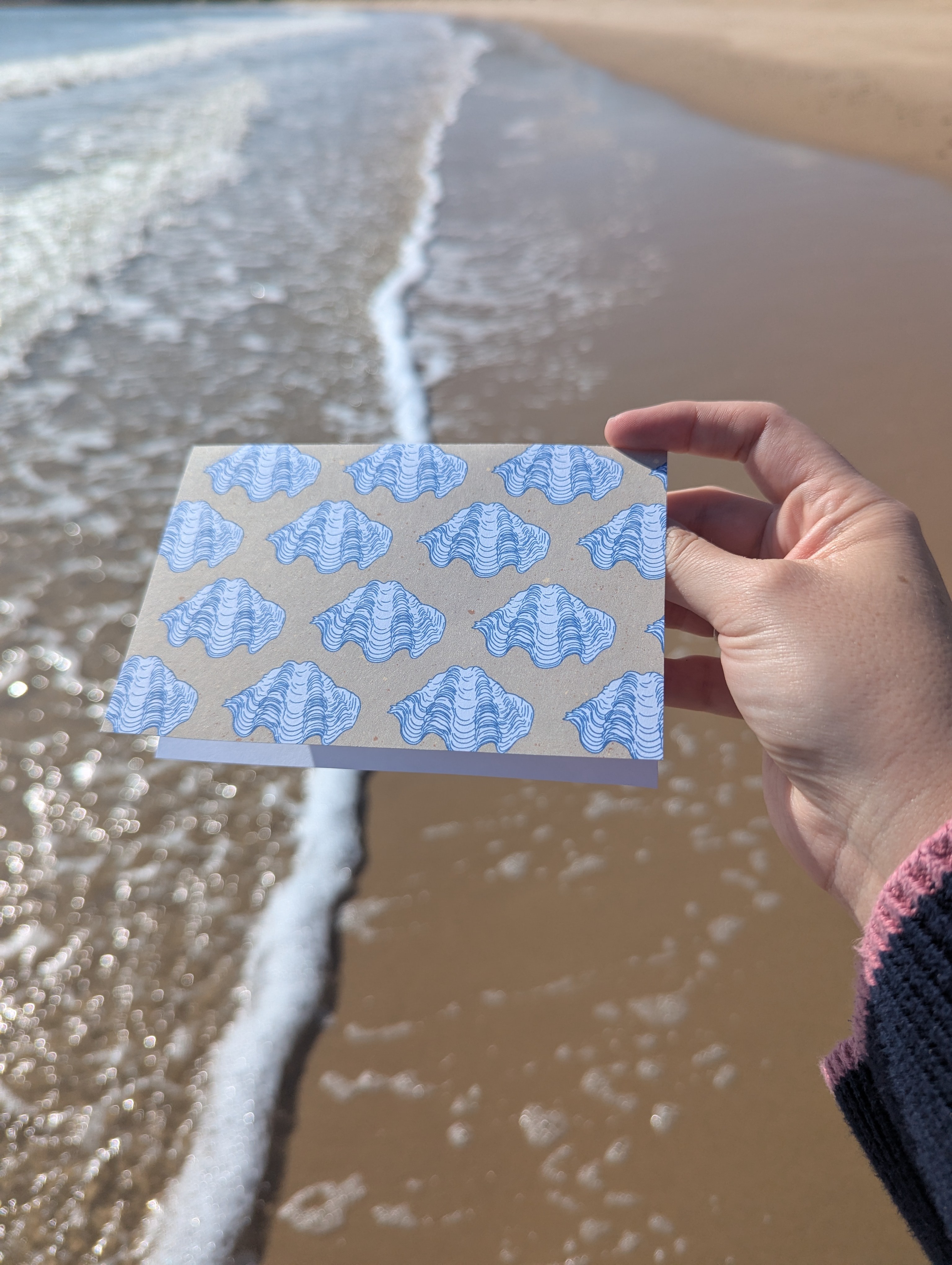 Person holding a card with blue elephant patterns on a beach with waves and sand.
