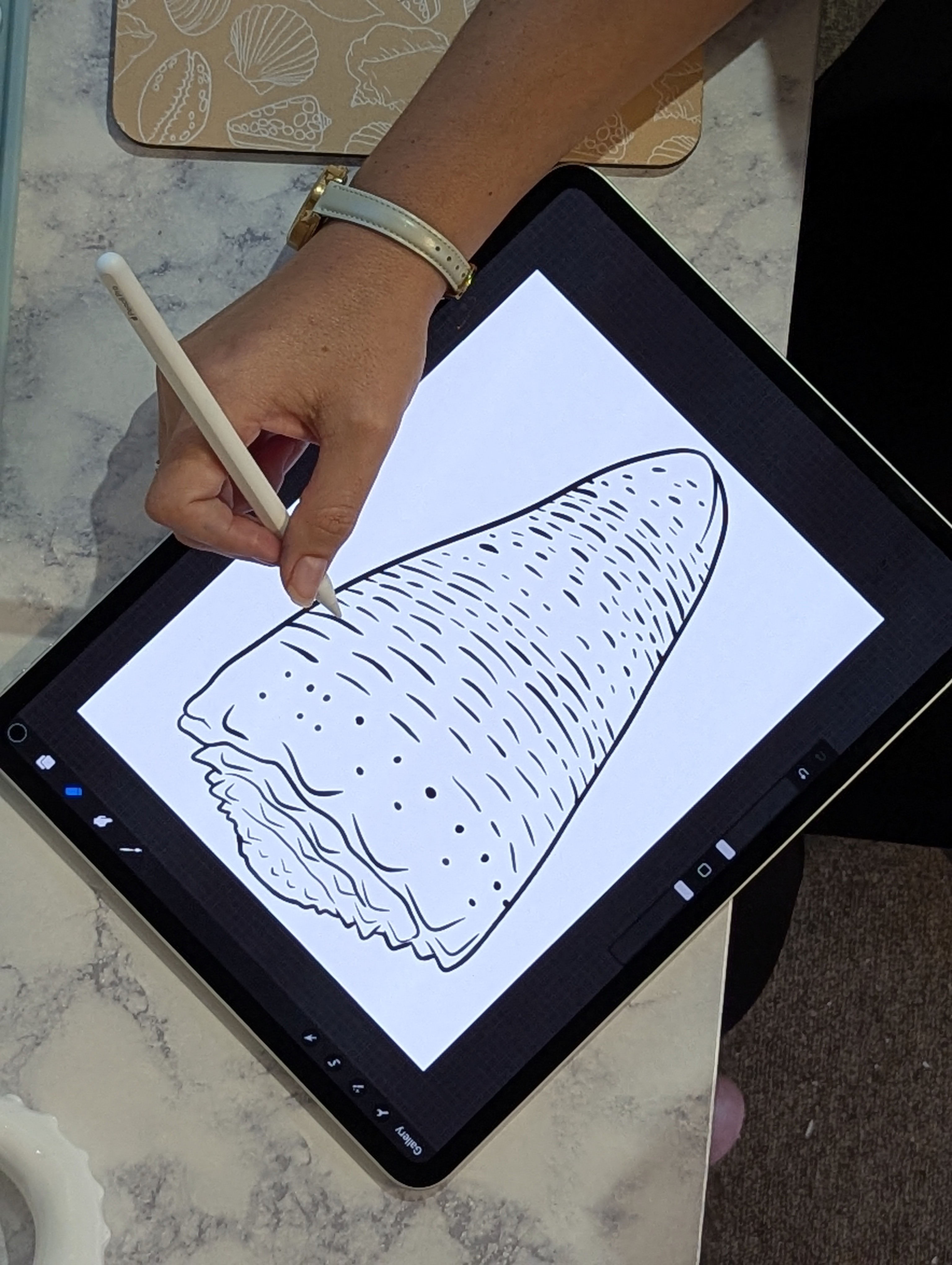 Person drawing a seashell on a digital tablet with a stylus, on a marble surface.