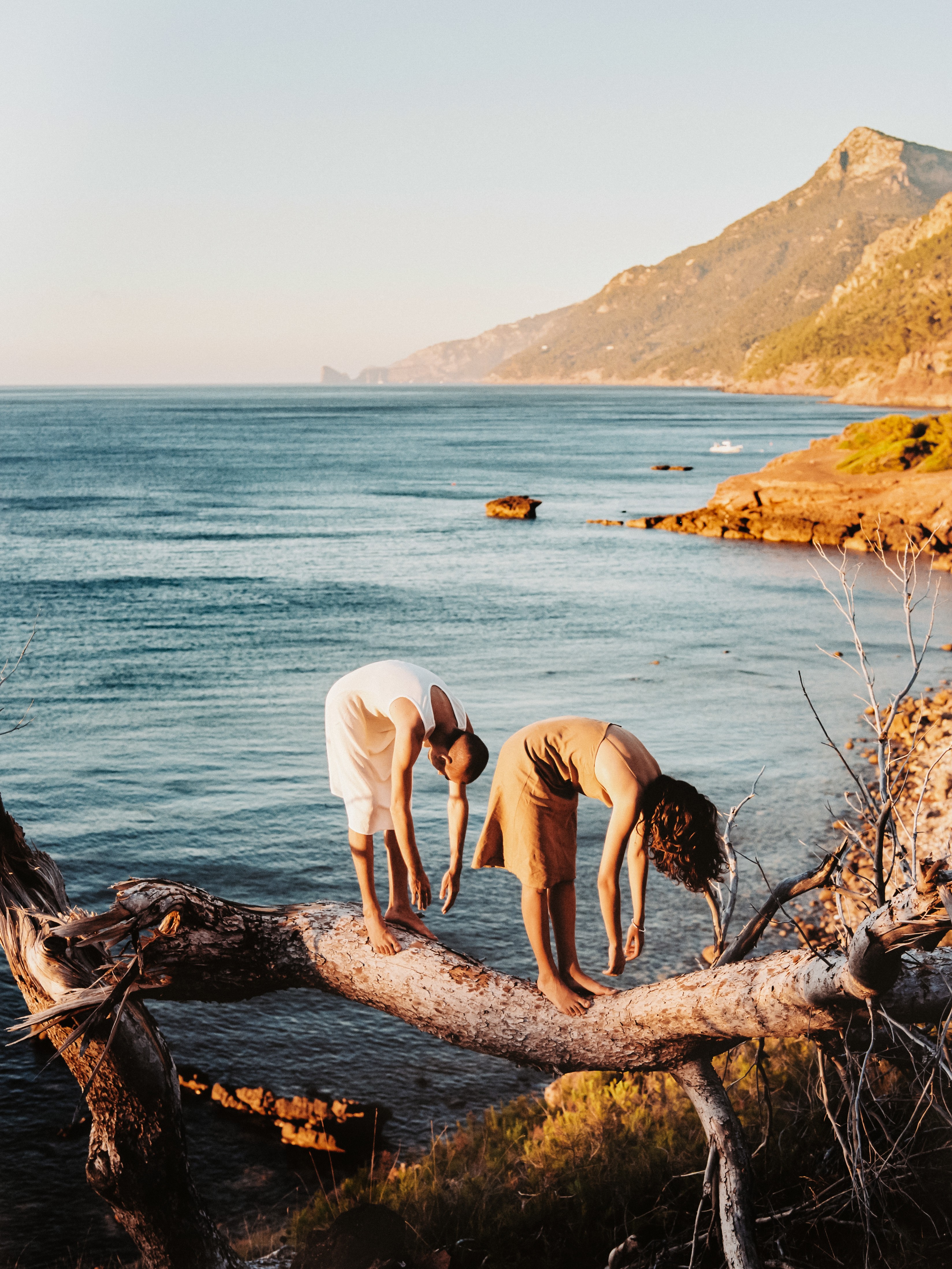Two children bend over on a fallen tree by the water's edge, with a coastal landscape and mountain in the background.