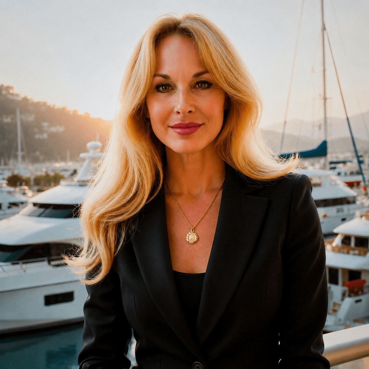 Woman with long blonde hair in a black blazer, standing near boats at a marina during sunset.
