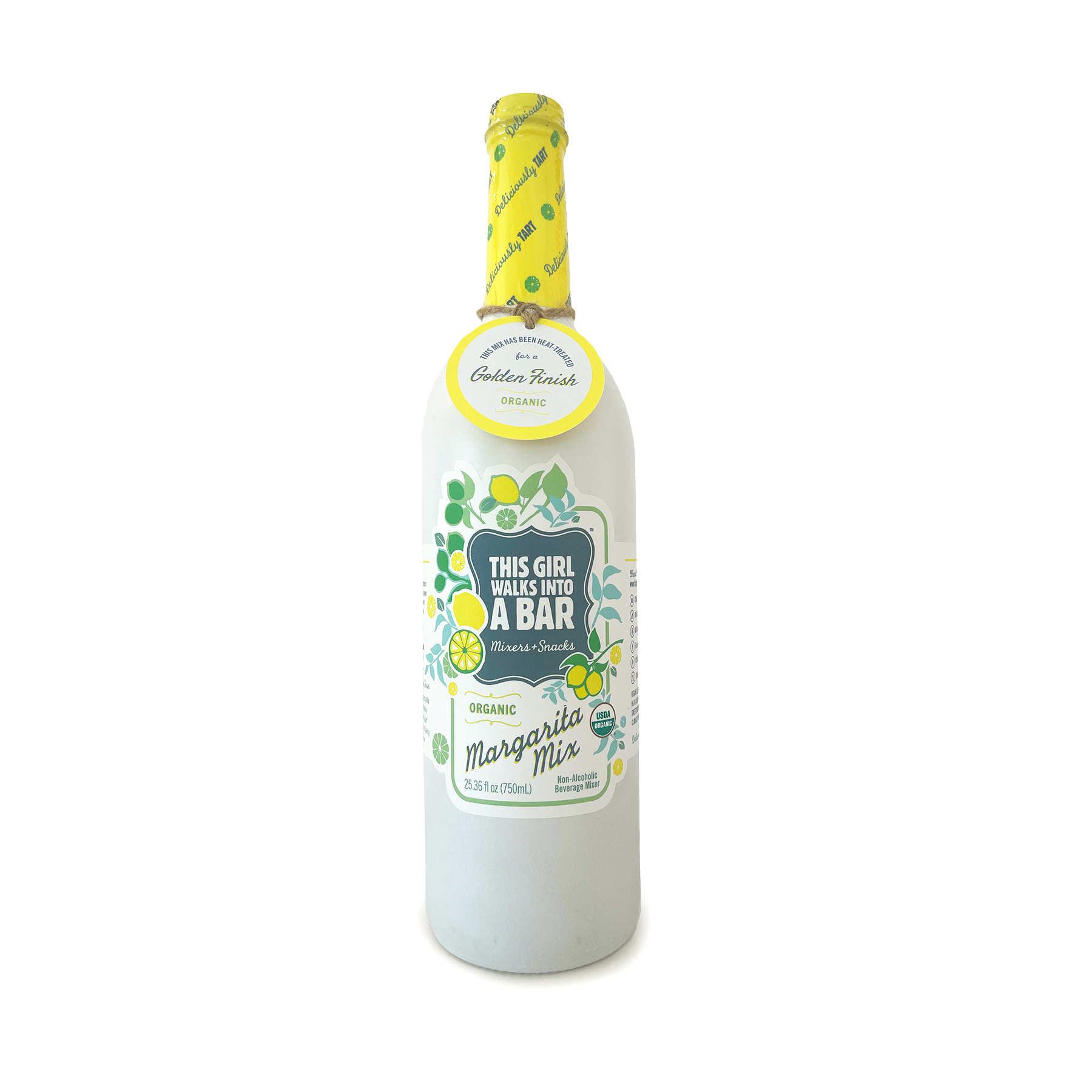 White bottle with yellow cap and label, featuring green and blue text and illustrations, against a white background.