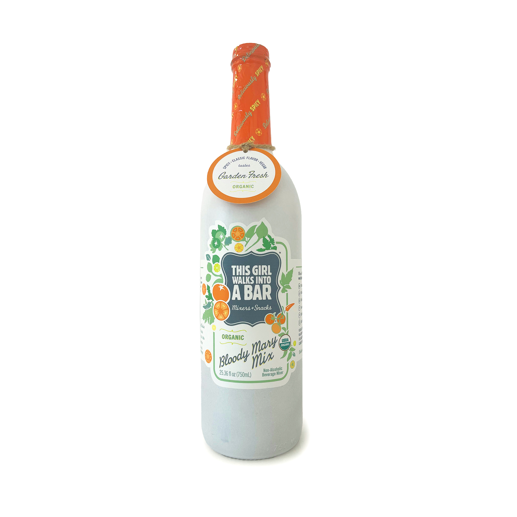 White bottle with colorful label and orange cap, featuring text and illustrations, standing upright against a white background.