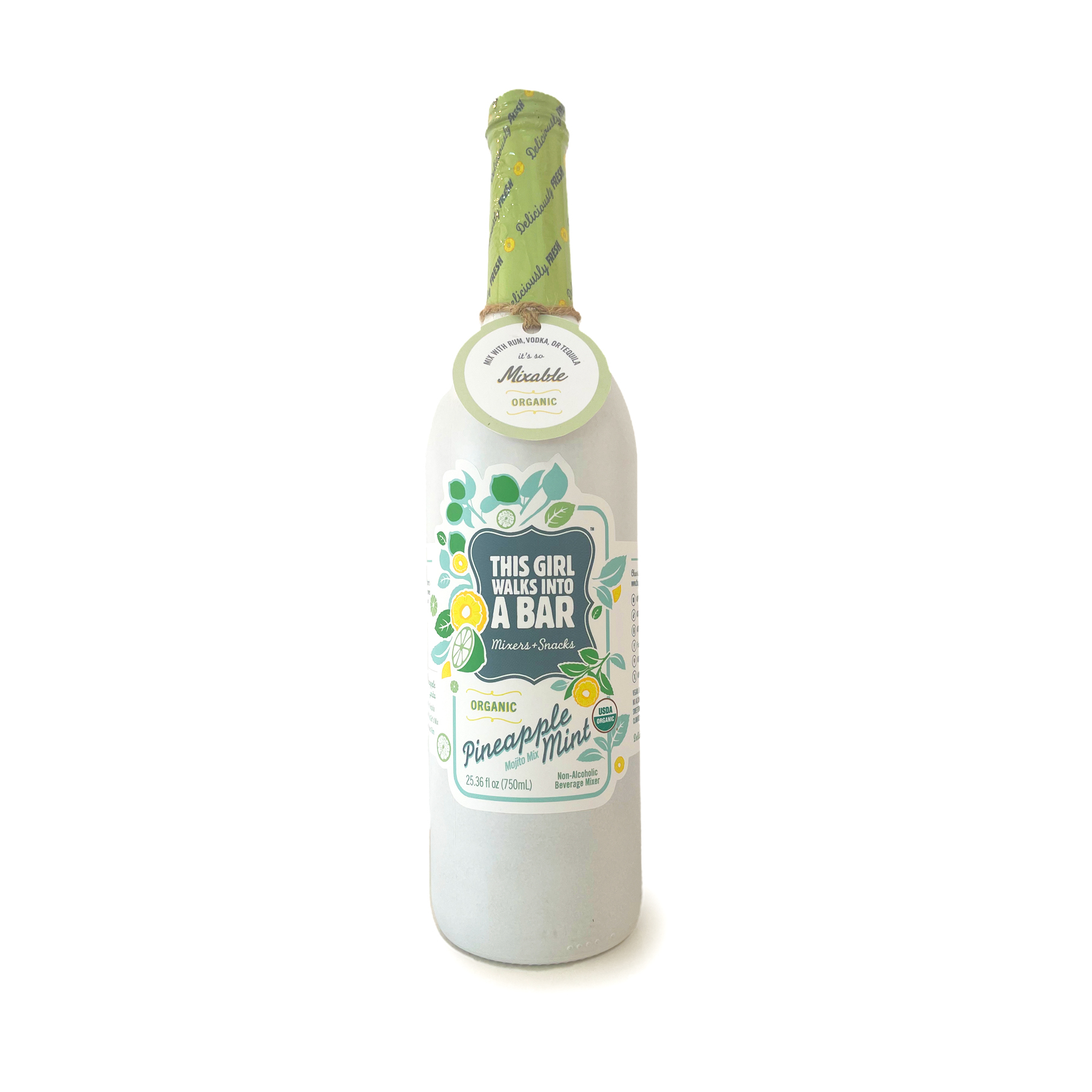 White bottle with a green cap, label features text and pineapple illustrations, promoting a pineapple-flavored beverage.