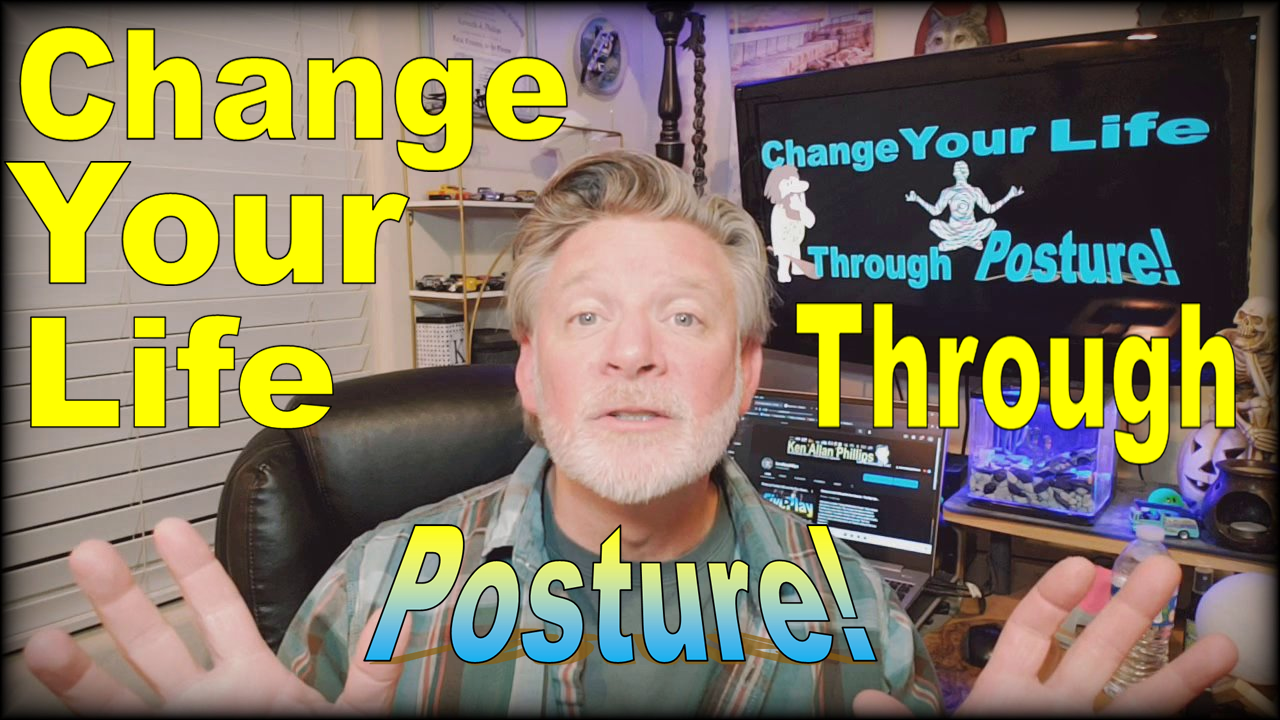 Man with gray hair and beard in front of a computer monitor with text about posture and life change.