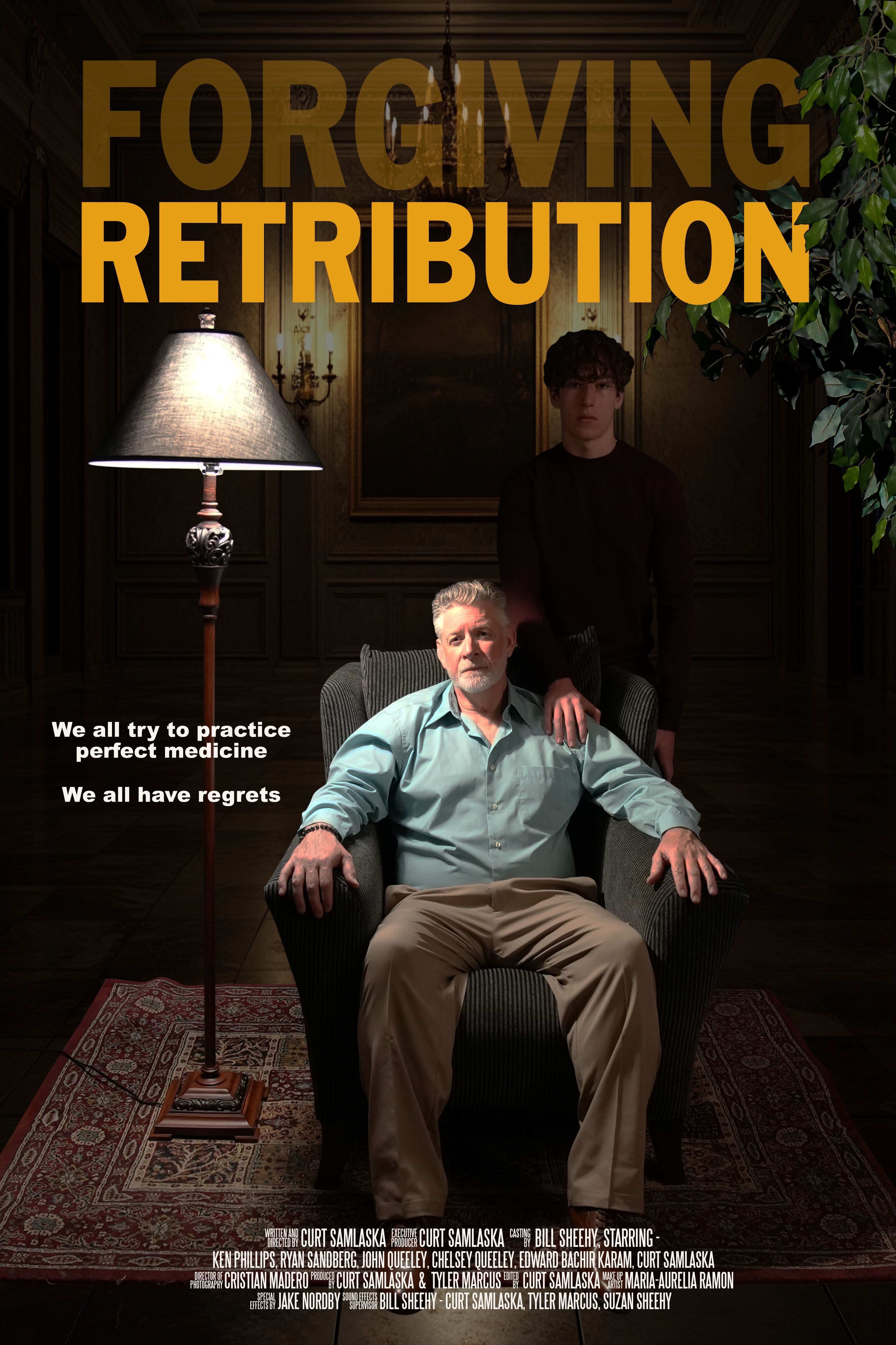 Two men in a dimly lit room, one sitting in a chair and the other standing behind, with text about forgiveness and retribution.