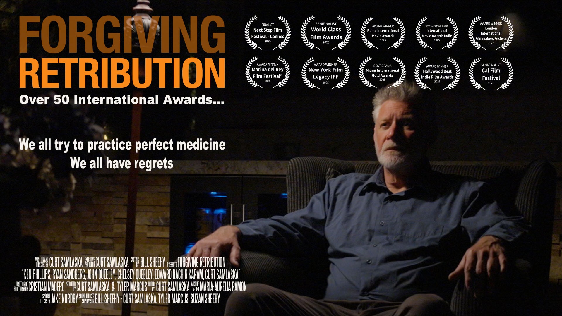 A man with a beard sits in a dark room, with text about a film titled 'Forgiving Retribution' and awards.