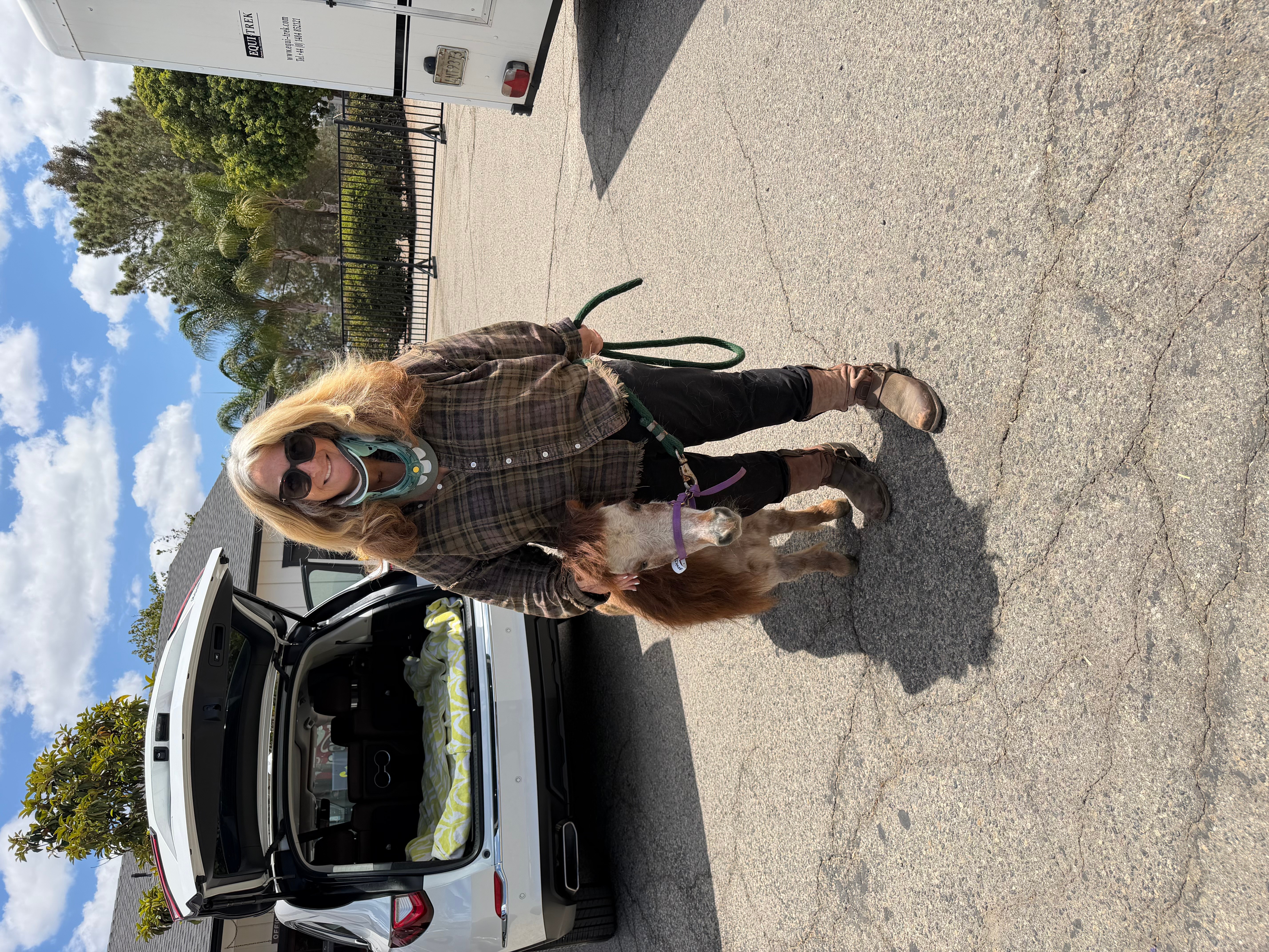 Woman with blonde hair walking a brown dog on a leash near a white vehicle, with trees and blue sky in background.